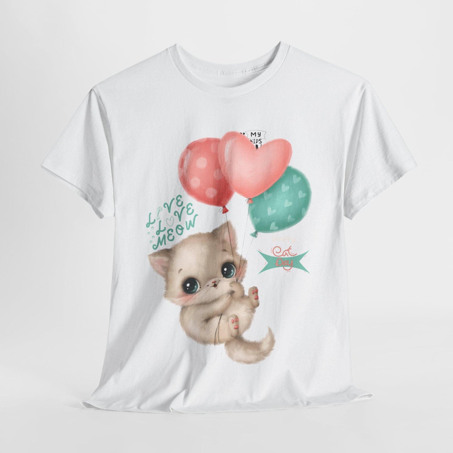 Adorable Cat Lover Tee Cute Kitten with Balloons Design T-shirt, Perfect for Cat Enthusiasts, Birthday, Gifts, Animal Lovers, Everyday Wear