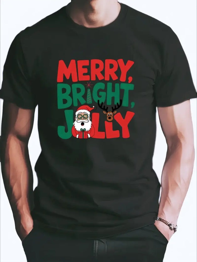 Men'S Christmas T-Shirt - Merry Bright Jolly Santa & Reindeer Print, Cotton Crew Neck, All-Season Casual Tee With Slight Stretch