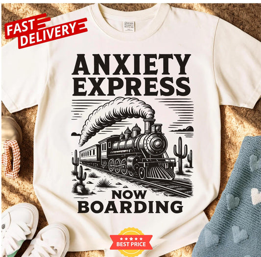Sarcastic Anxiety Express train shirt, vintage panic humor tee, mental health joke oversized t-shirt for unisex wear