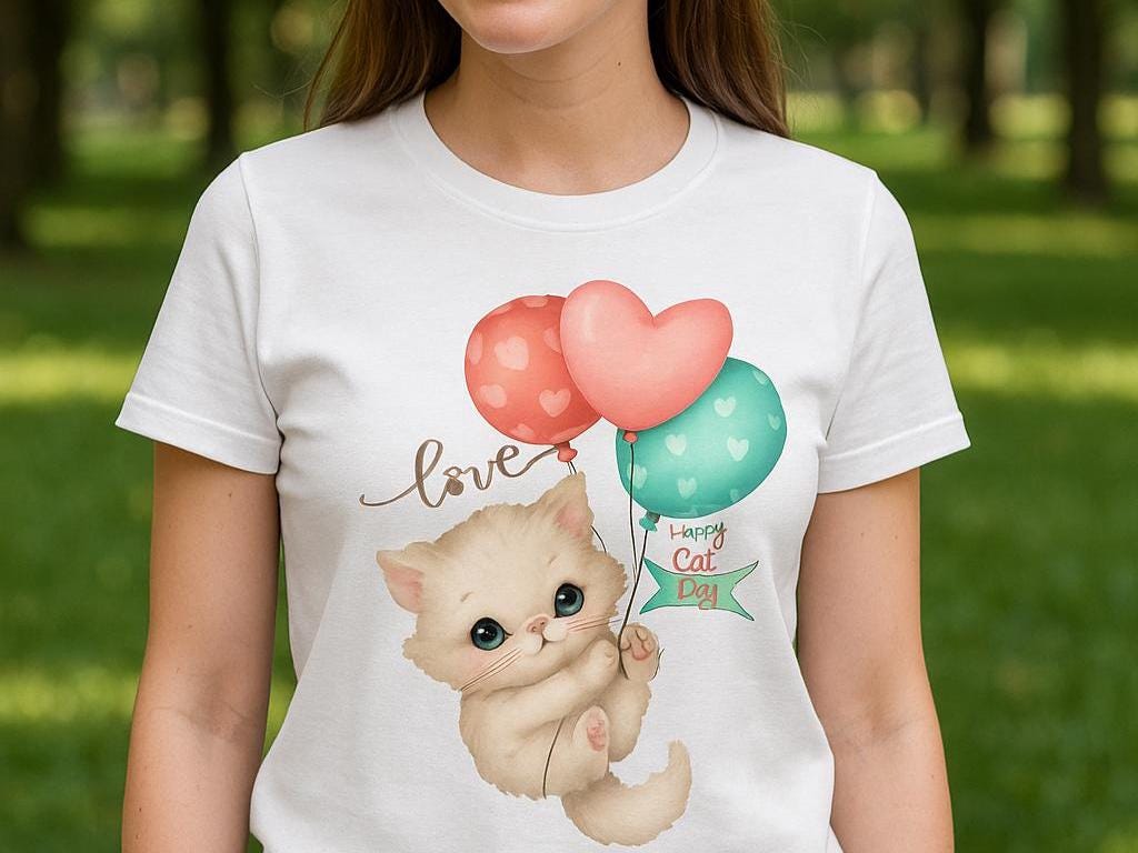 Cute Cat Balloon T-Shirt – Kawaii Cat Lover Gift – Pet Lover Tee – Unisex Cotton Shirt for Women & Men