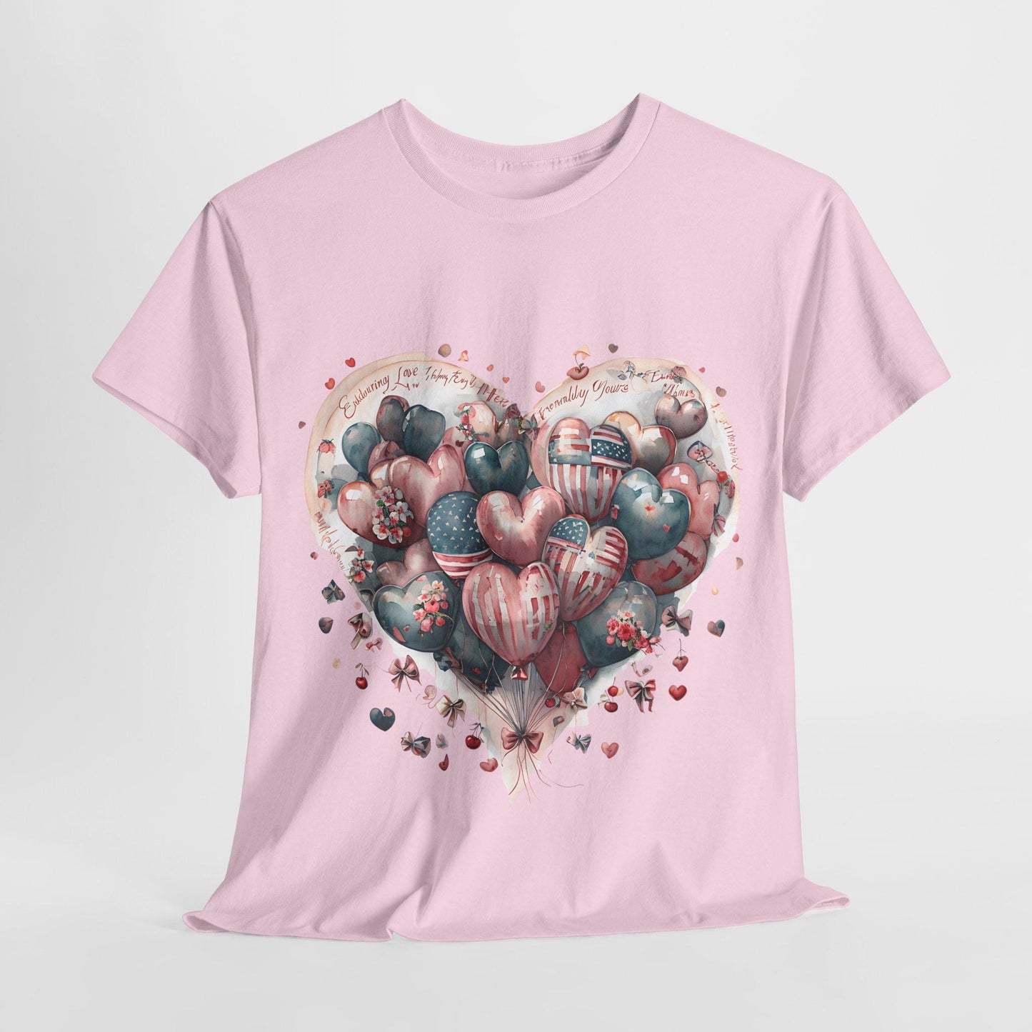 Love Messages and American Flag Hearts Unisex Heavy Cotton Tee, Fruit and Cherry Design, USA Flag Tee, Heart Flag Shirt, Patriotic Tee,