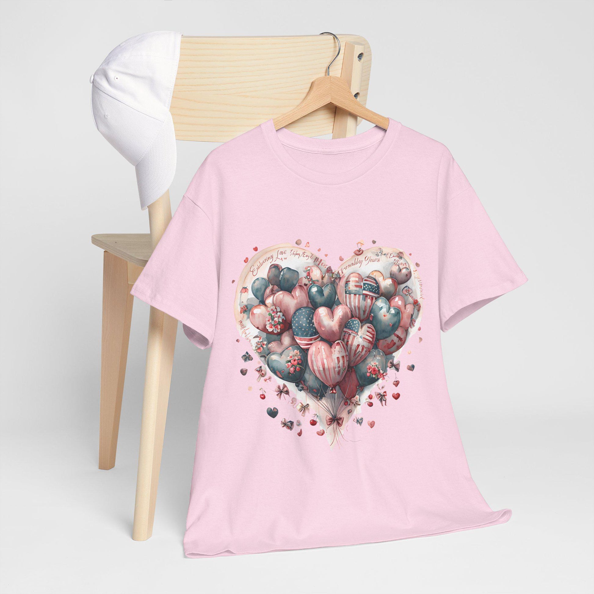 Love Messages and American Flag Hearts Unisex Heavy Cotton Tee, Fruit and Cherry Design, USA Flag Tee, Heart Flag Shirt, Patriotic Tee,