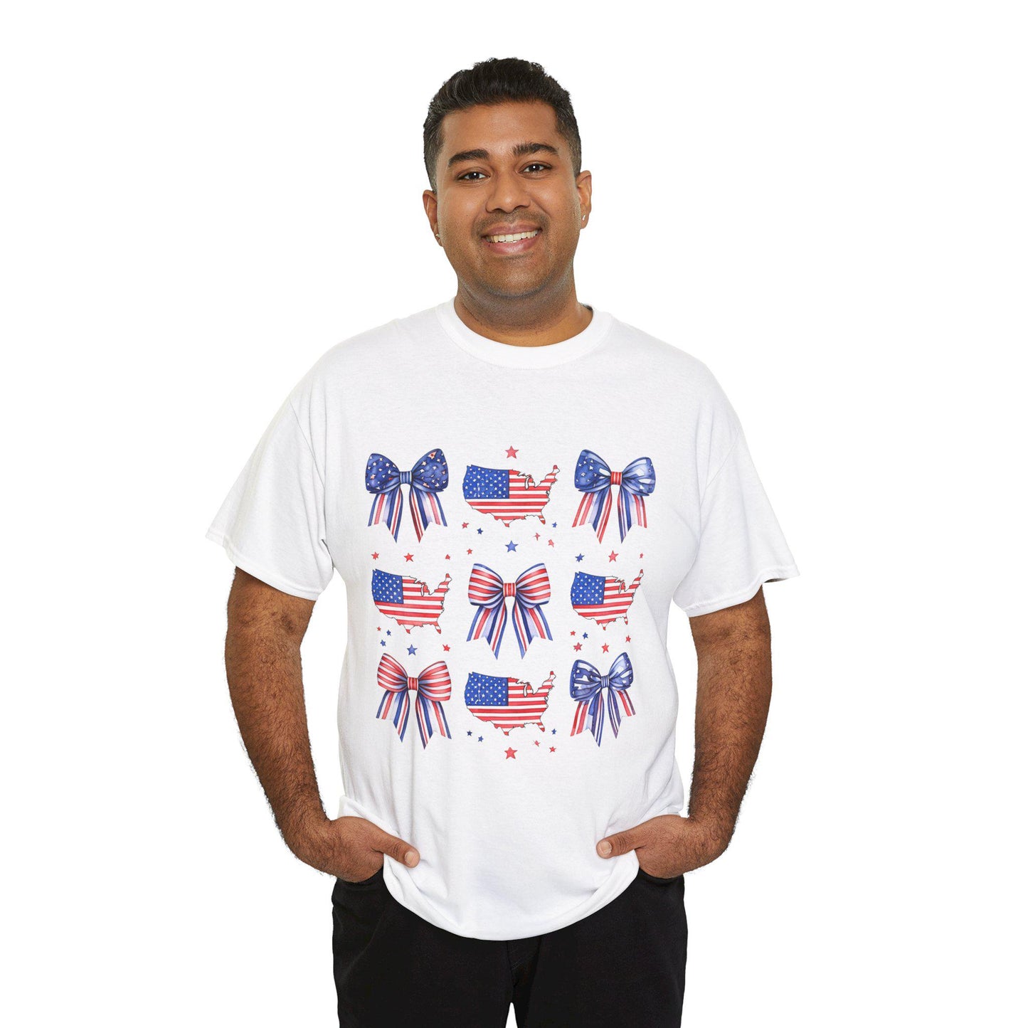 Patriotic Bow Tee, Unisex Heavy Cotton Tee with USA Theme, Great for 4th of July, Barbecues, Family Gatherings, or Everyday Casual Wear
