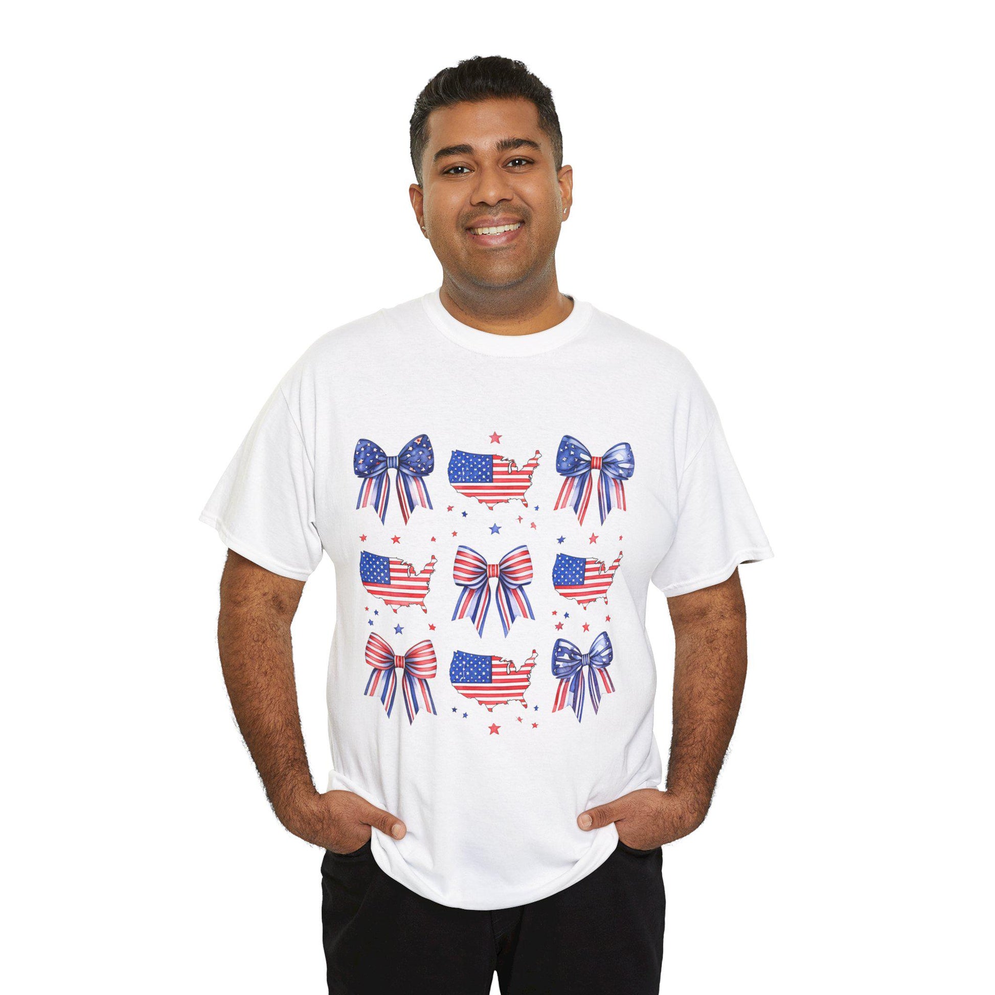 Patriotic Bow Tee, Unisex Heavy Cotton Tee with USA Theme, Great for 4th of July, Barbecues, Family Gatherings, or Everyday Casual Wear