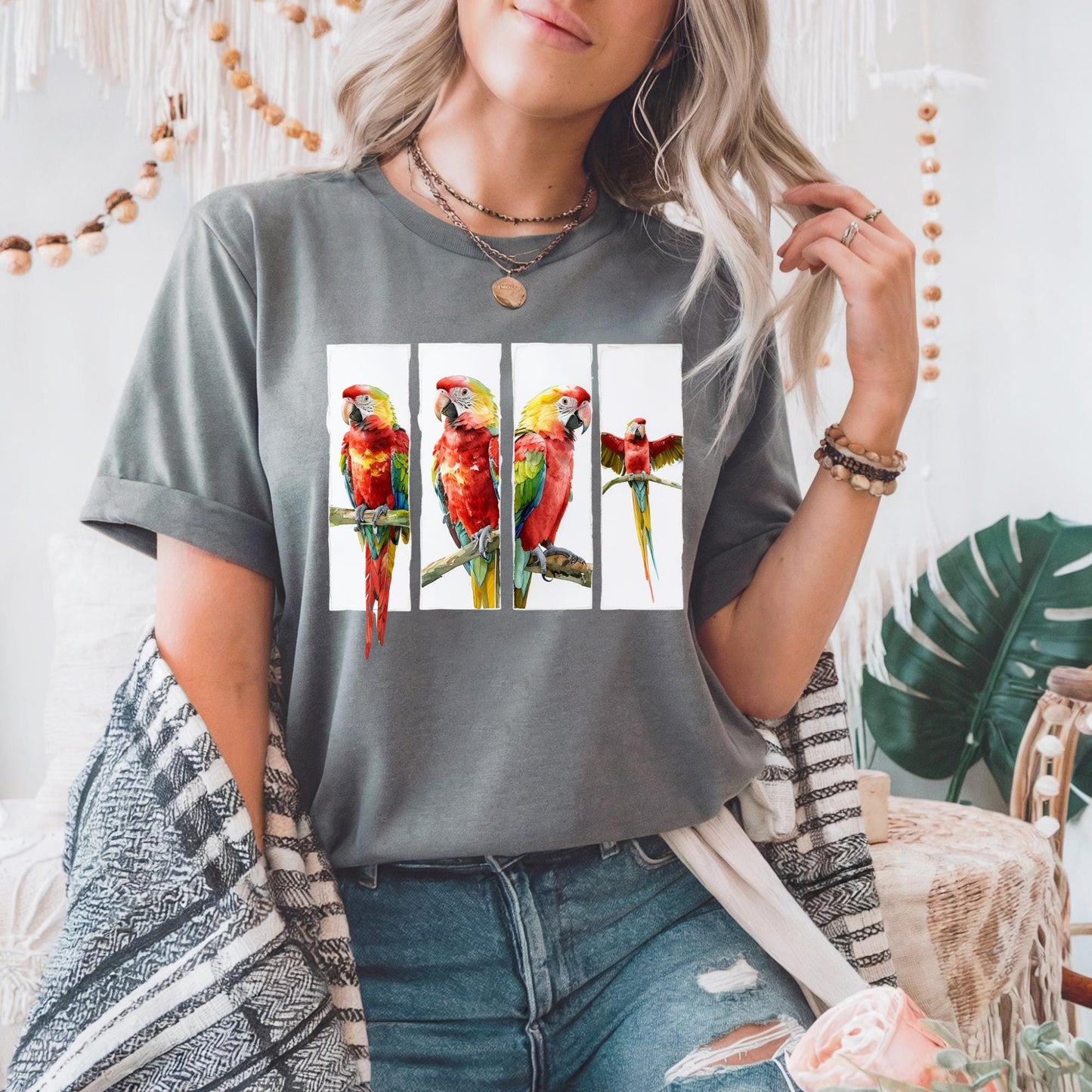 Vibrant Tropical Parrot Graphic Tee Casual Wear Bird Lover Gift Nature T Shirt Summer Outing Eco Friendly Fashion Colorful Avian Graphic