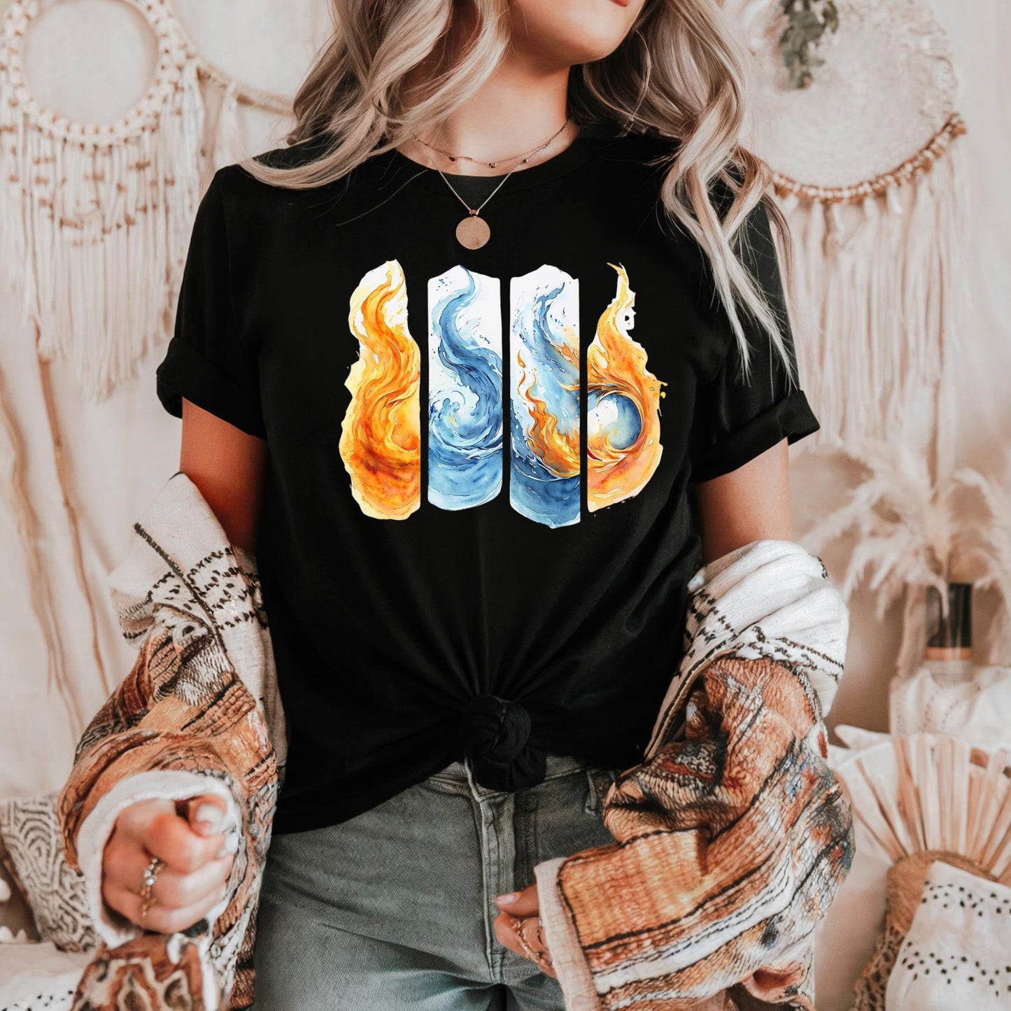 Colorful Flame Graphic Unisex Heavy Cotton Tee, Elemental Fire & Water Graphic Tee, Casual Summer Wear, Artsy Shirt, Gift for Fire Lovers