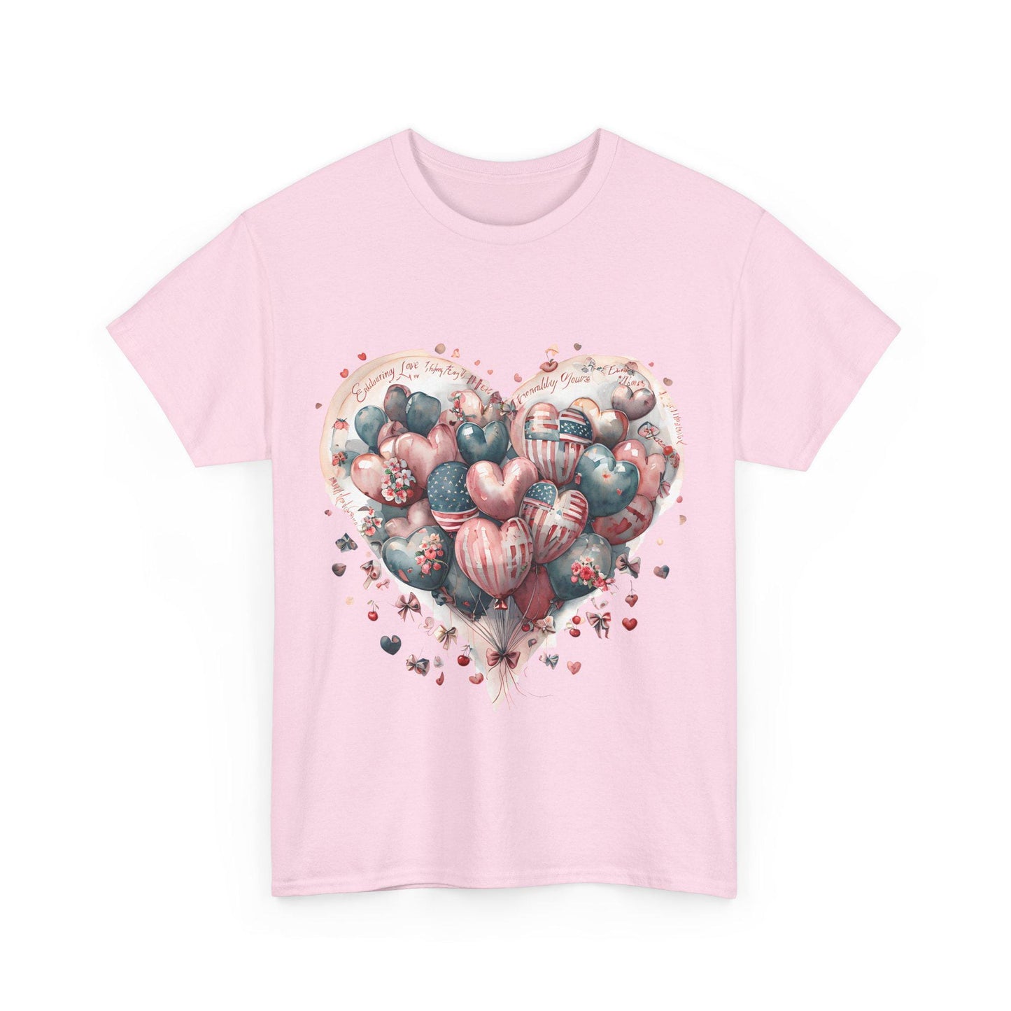 Love Messages and American Flag Hearts Unisex Heavy Cotton Tee, Fruit and Cherry Design, USA Flag Tee, Heart Flag Shirt, Patriotic Tee,