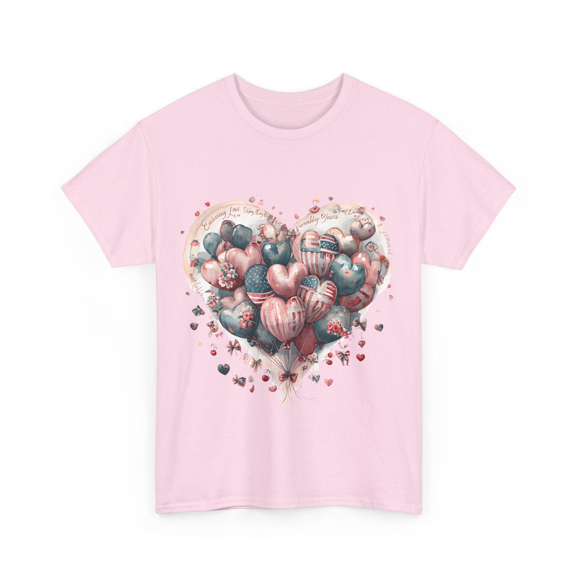 Love Messages and American Flag Hearts Unisex Heavy Cotton Tee, Fruit and Cherry Design, USA Flag Tee, Heart Flag Shirt, Patriotic Tee,