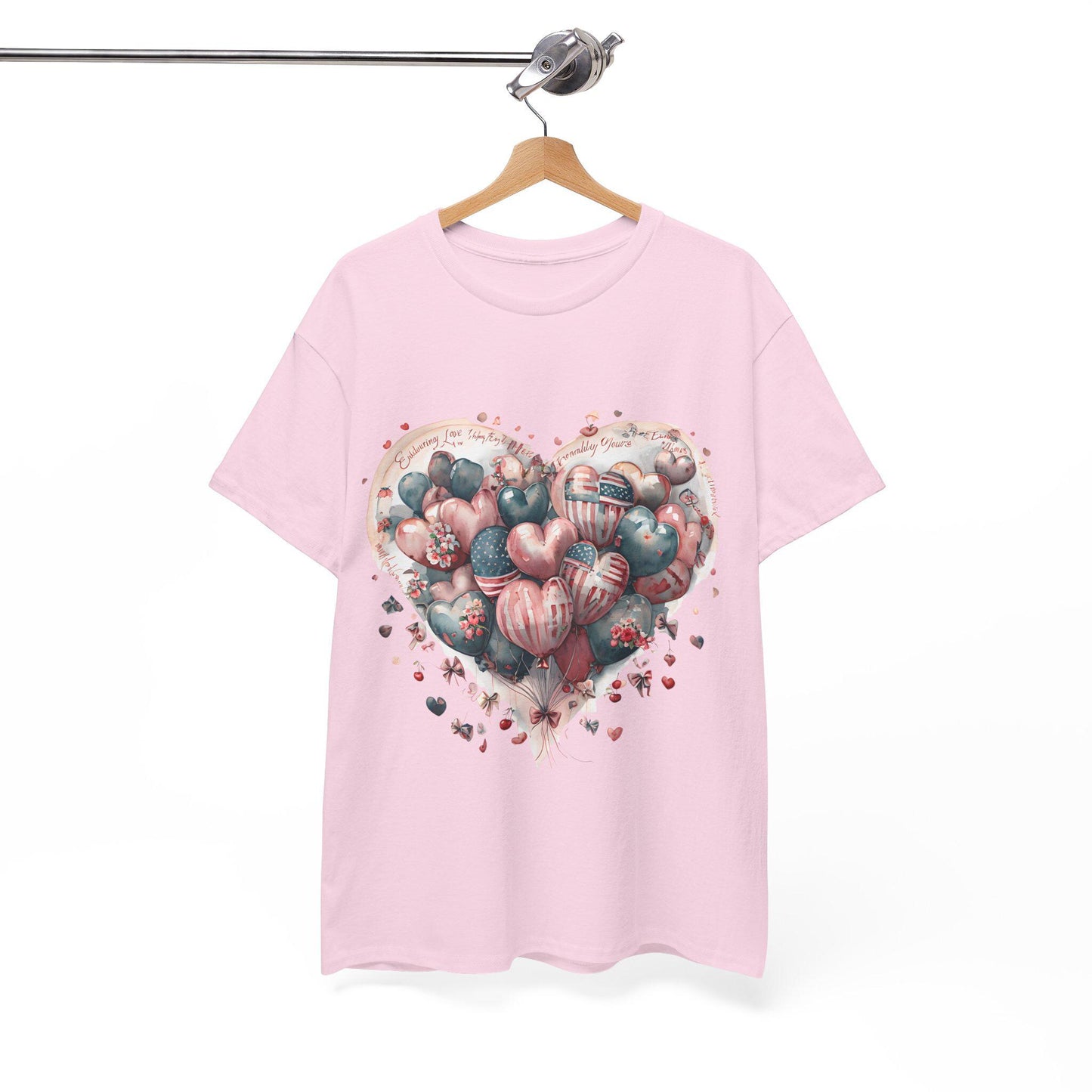Love Messages and American Flag Hearts Unisex Heavy Cotton Tee, Fruit and Cherry Design, USA Flag Tee, Heart Flag Shirt, Patriotic Tee,