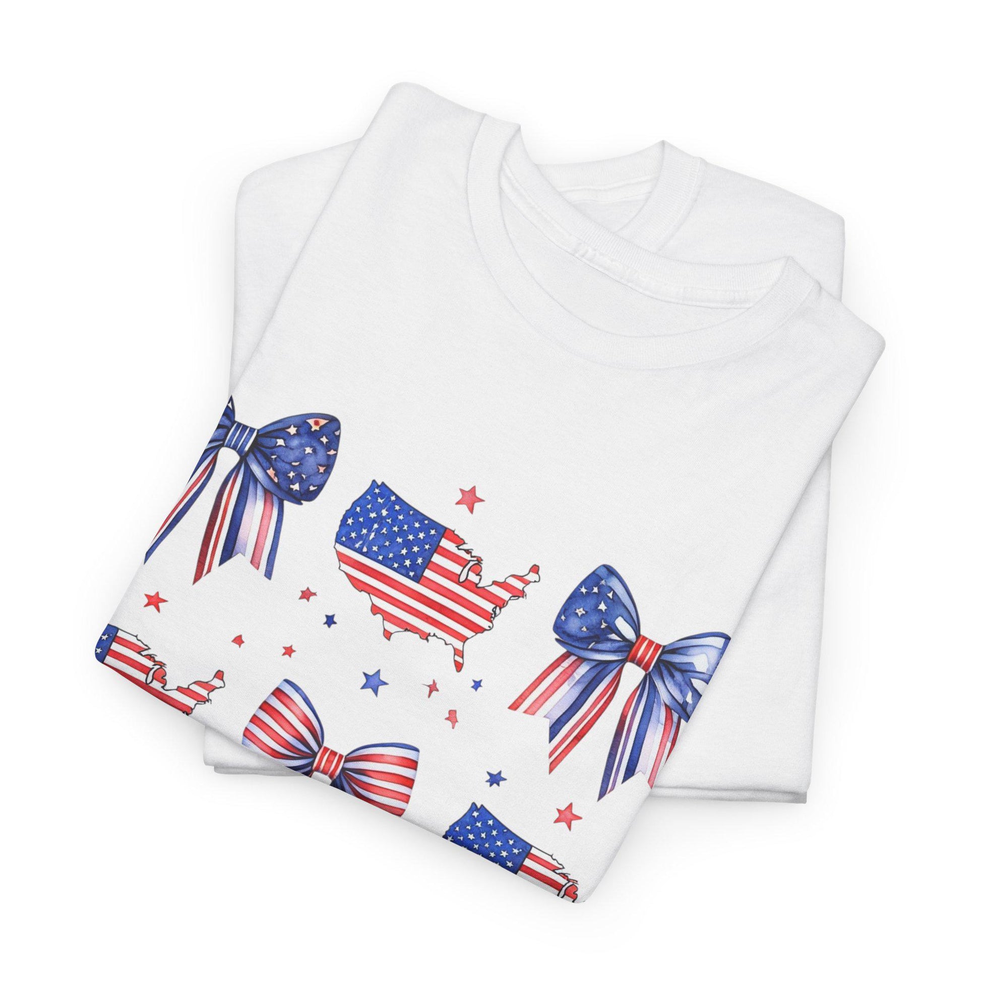 Patriotic Bow Tee, Unisex Heavy Cotton Tee with USA Theme, Great for 4th of July, Barbecues, Family Gatherings, or Everyday Casual Wear