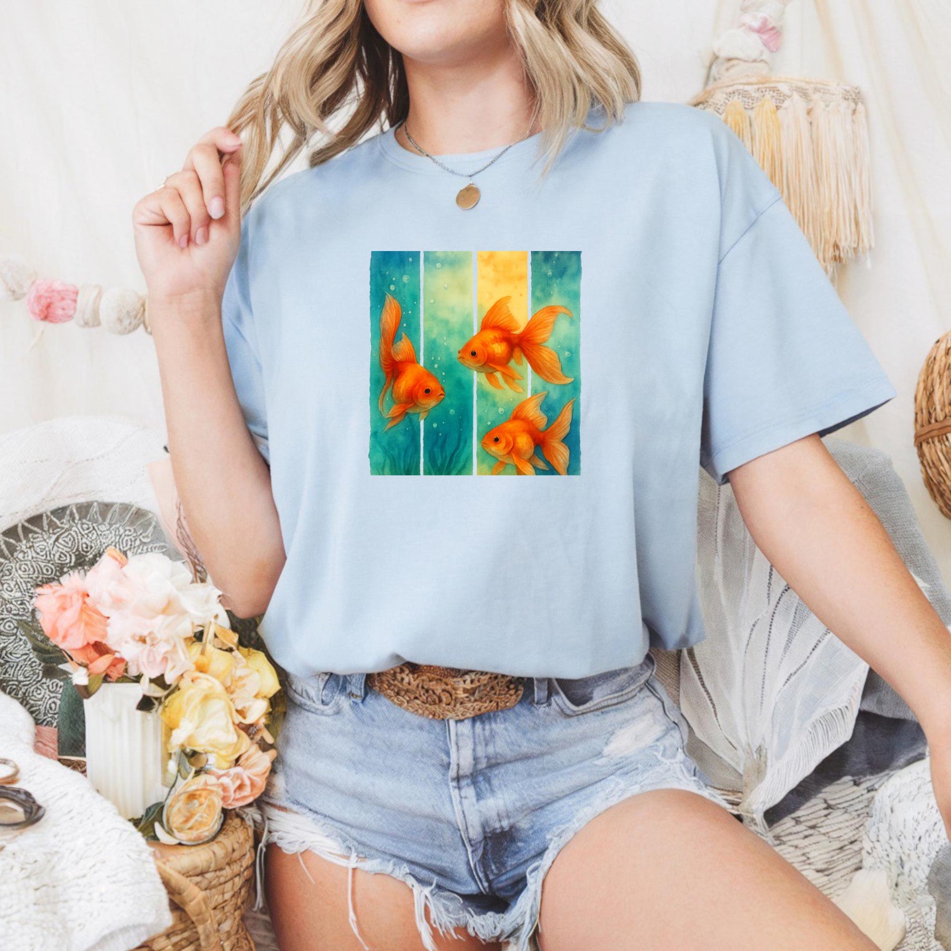 Unisex Heavy Cotton T Shirt Colorful Goldfish Art Tee Aquatic Lovers Gift Fish Enthusiasts Casual Wear Unique Fish Graphic Top Apparel