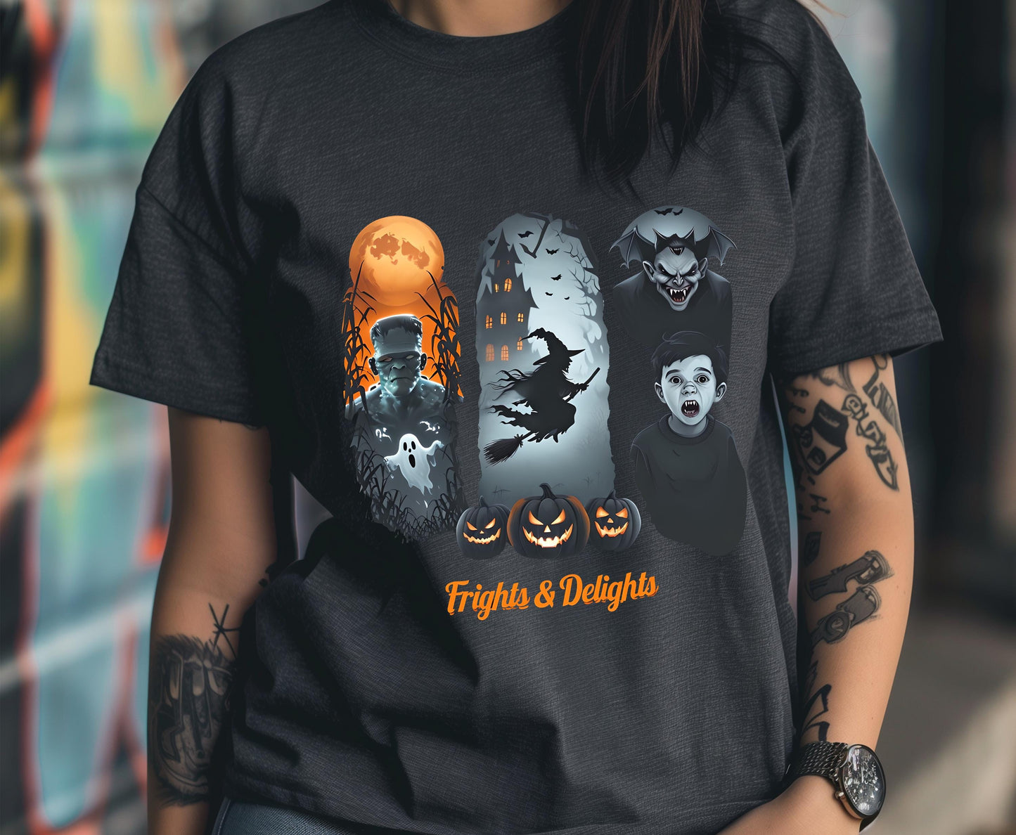 Halloween Horror Graphic T Shirt Spooky Gothic Adult Tee Fright And Delight Original Design Creepy Costume Party Top For Men Women
