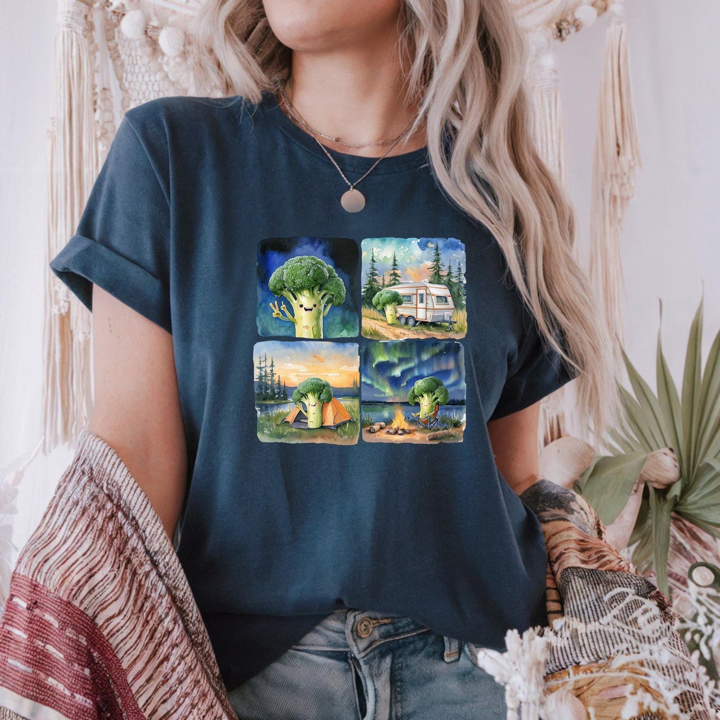 Whimsical Broccoli Adventure Tee, Unisex Cotton T-Shirt, Funny Food Shirt, Casual Wear Gift for Foodies, Quirky Style, Camping Broccoli Tee