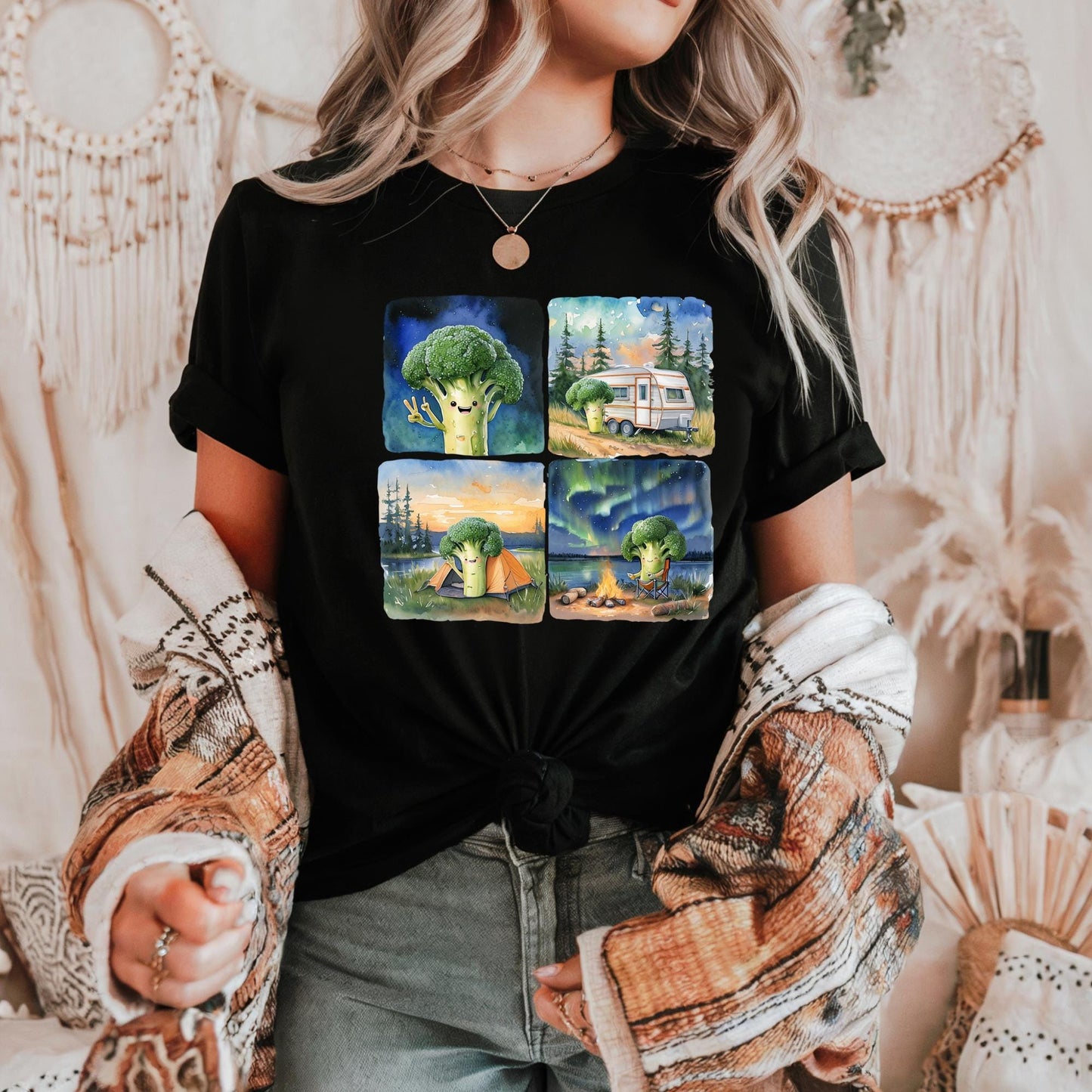 Whimsical Broccoli Adventure Tee, Unisex Cotton T-Shirt, Funny Food Shirt, Casual Wear Gift for Foodies, Quirky Style, Camping Broccoli Tee