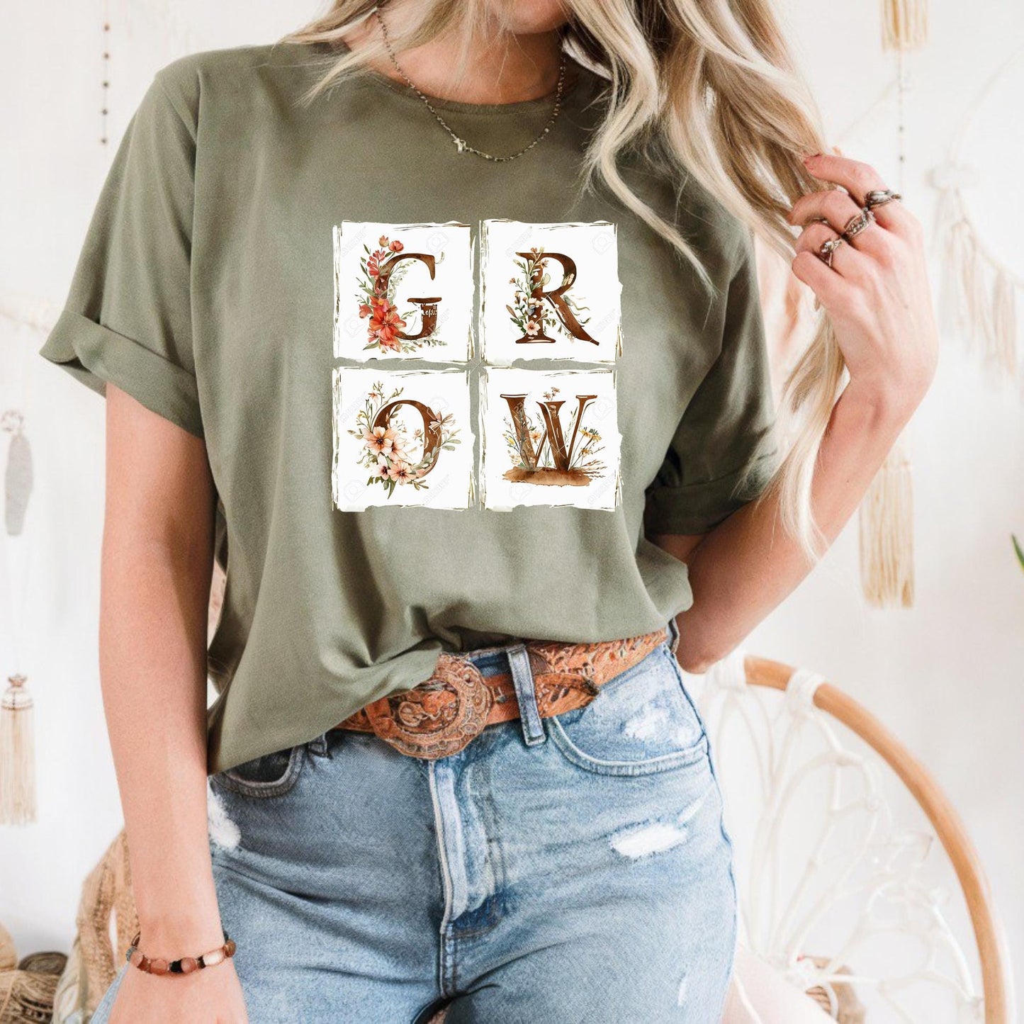 GROW Floral Lettering Tee | Organic Cotton Botanical Growth T-Shirt | Unisex Garden Quote Graphic | Relaxed Fit Nature Lover Gift