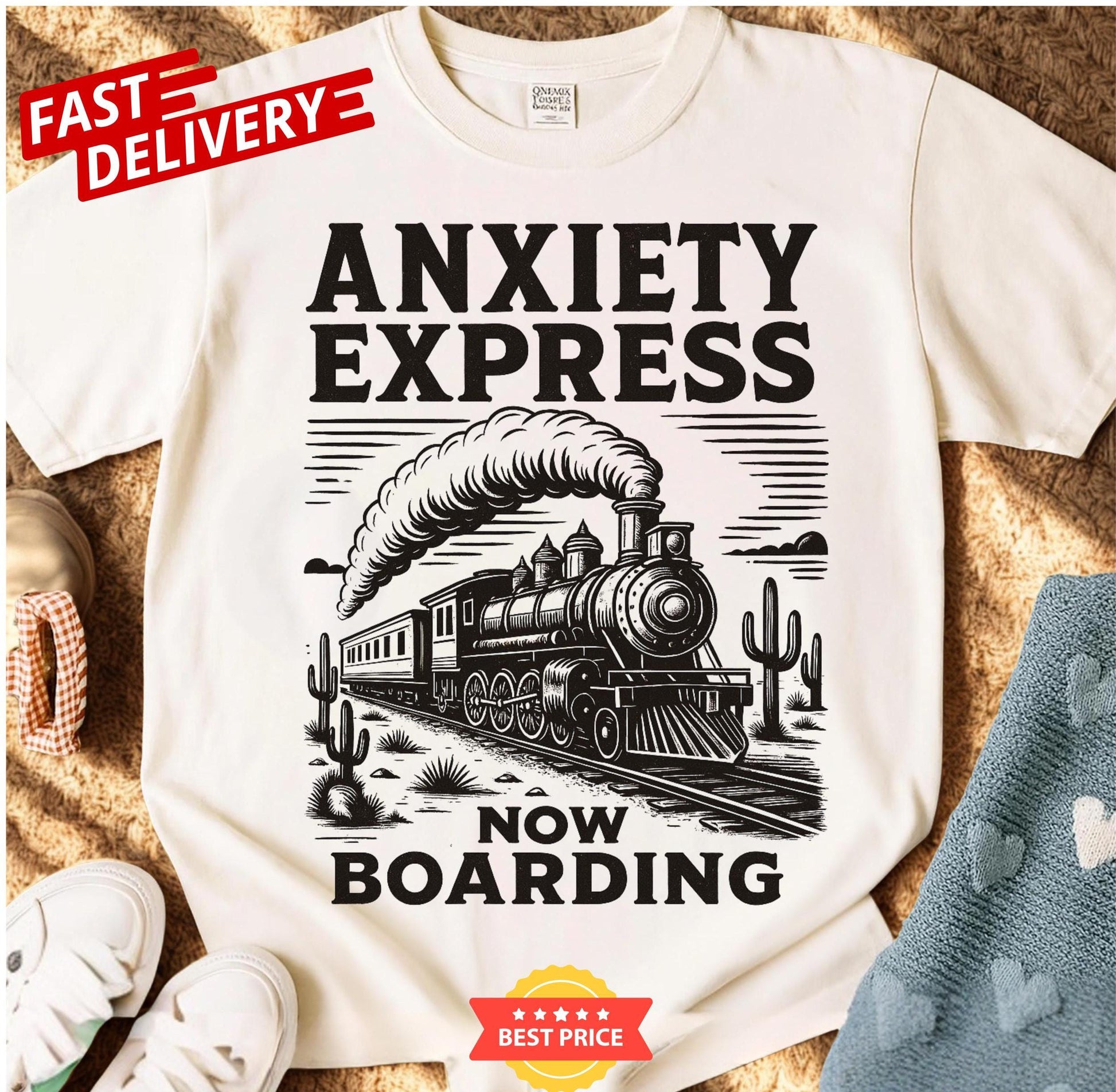 Anxiety Express train quote shirt, relatable humor tee for anxious people, vintage sarcastic mental health oversized t-shirt
