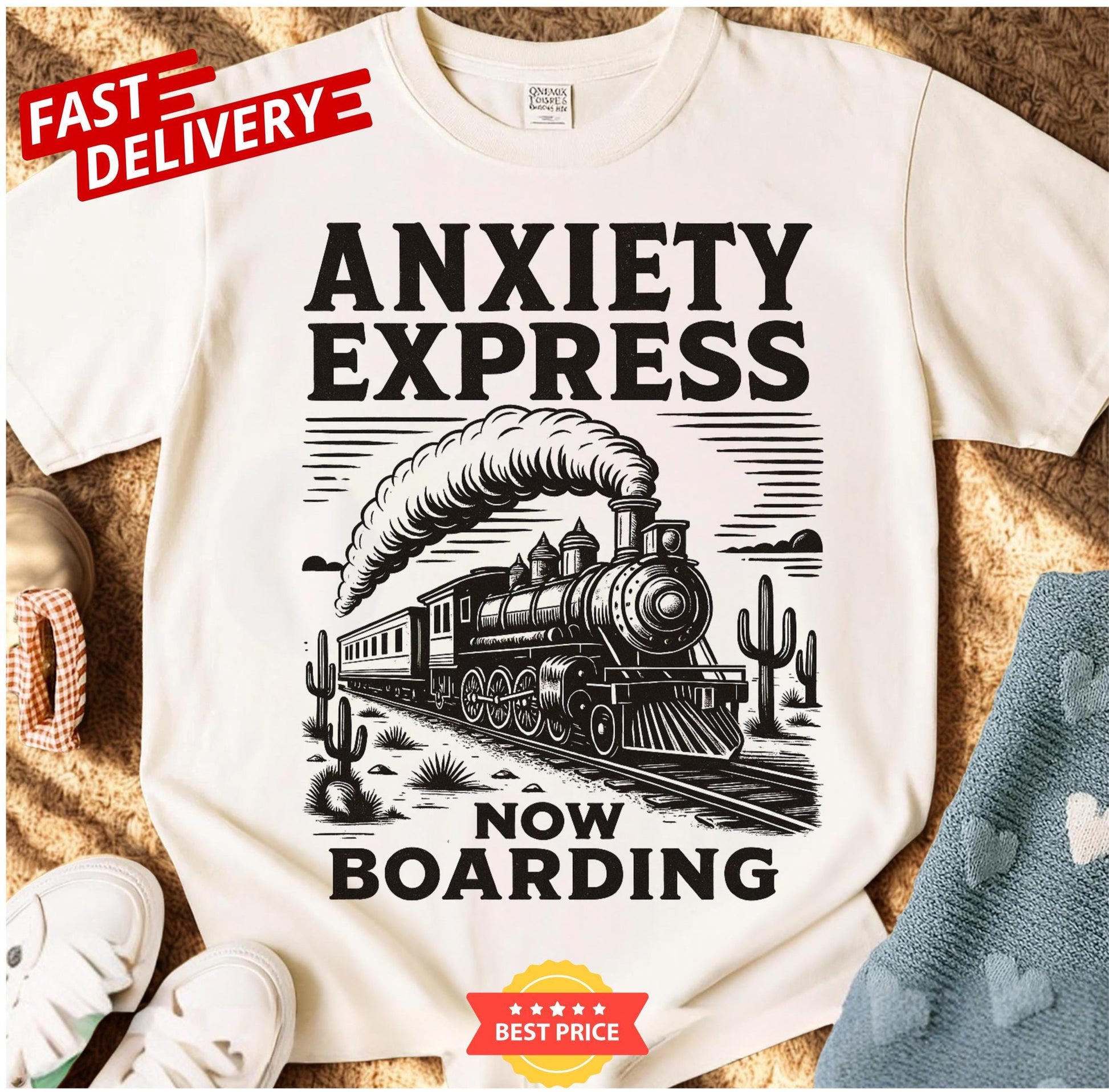 Anxiety Express sarcastic train tee, funny anxiety quote shirt, mental health humor gift, retro oversized t-shirt unisex