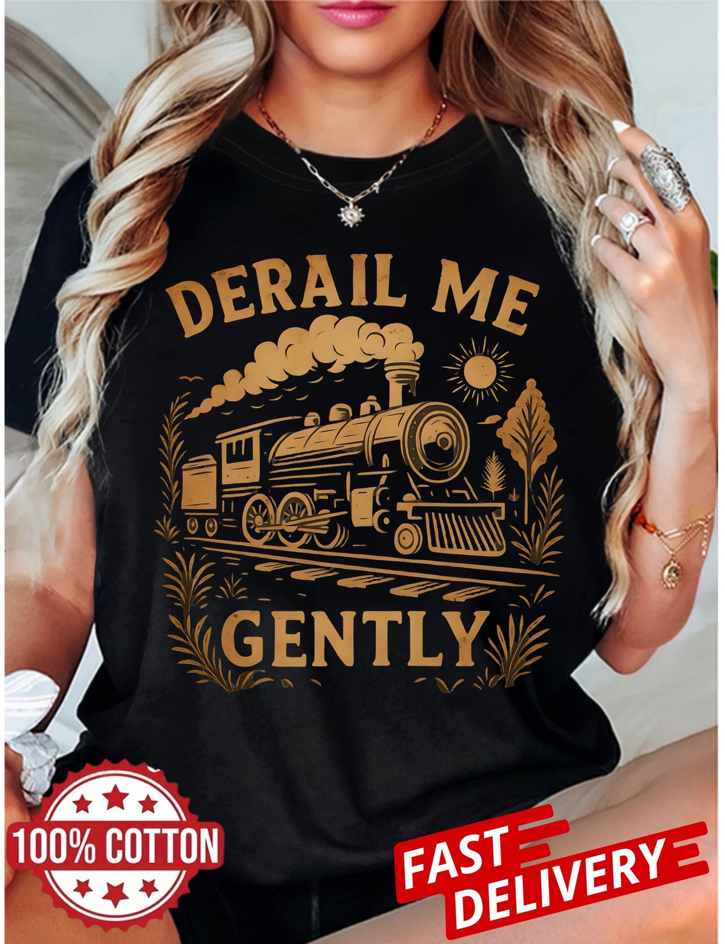 vintage train t-shirt with derail me gently print, retro locomotive graphic tee for adults, sarcastic unisex gift with dark humor