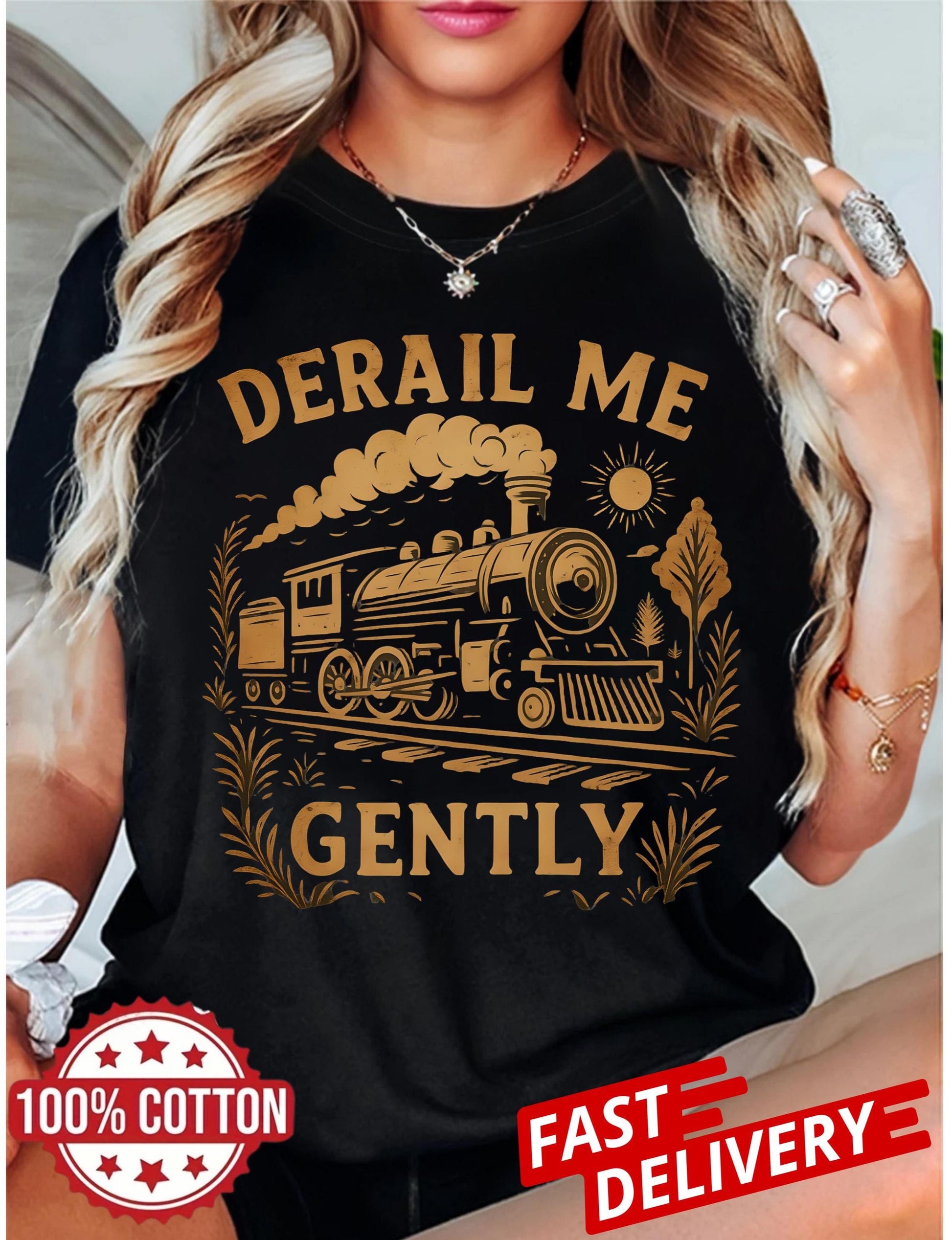 vintage train t-shirt with derail me gently print, retro locomotive graphic tee for adults, sarcastic unisex gift with dark humor