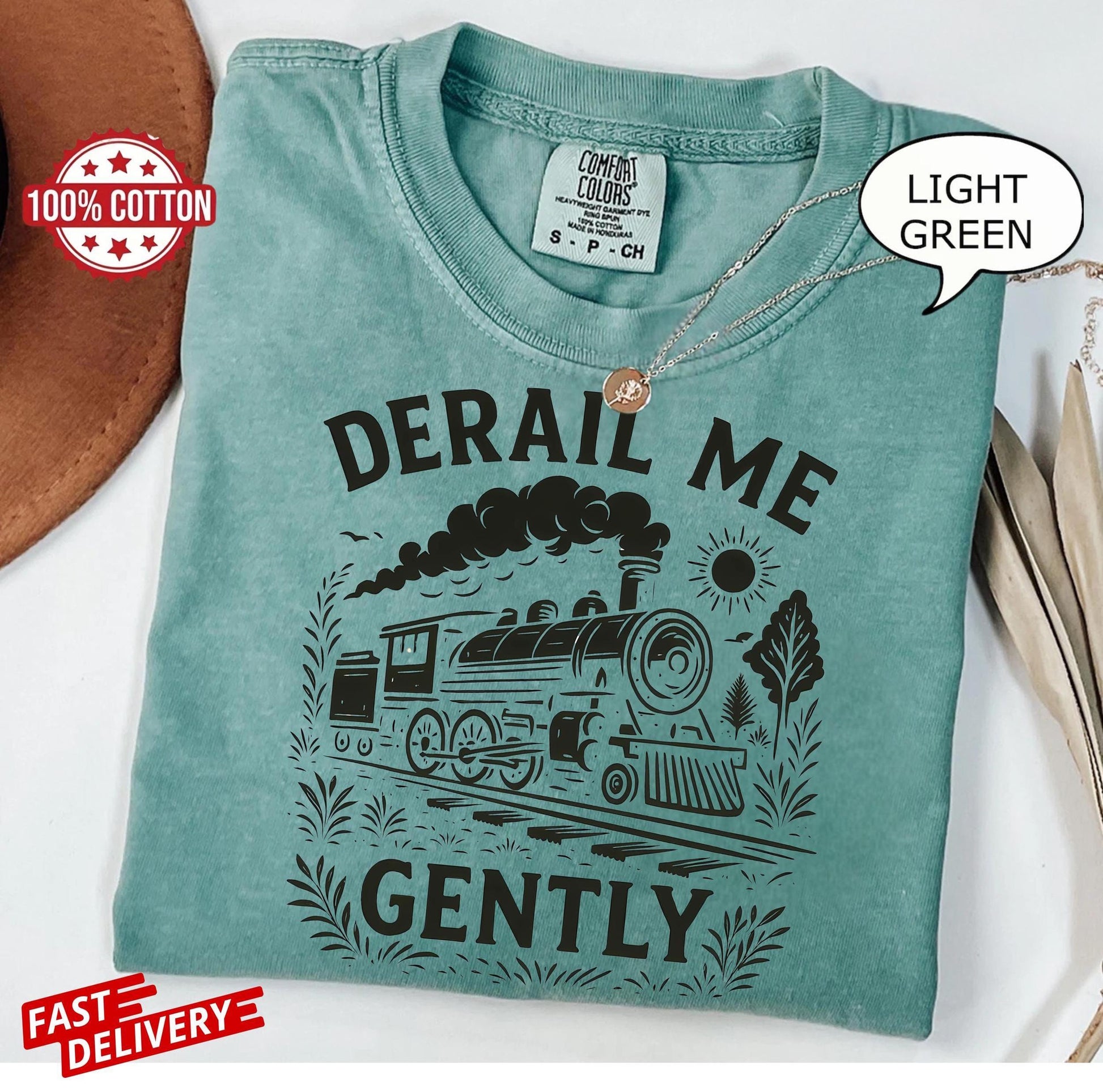 derail me gently tee with bold vintage train illustration, adult unisex t-shirt with locomotive art and sarcastic alternative style