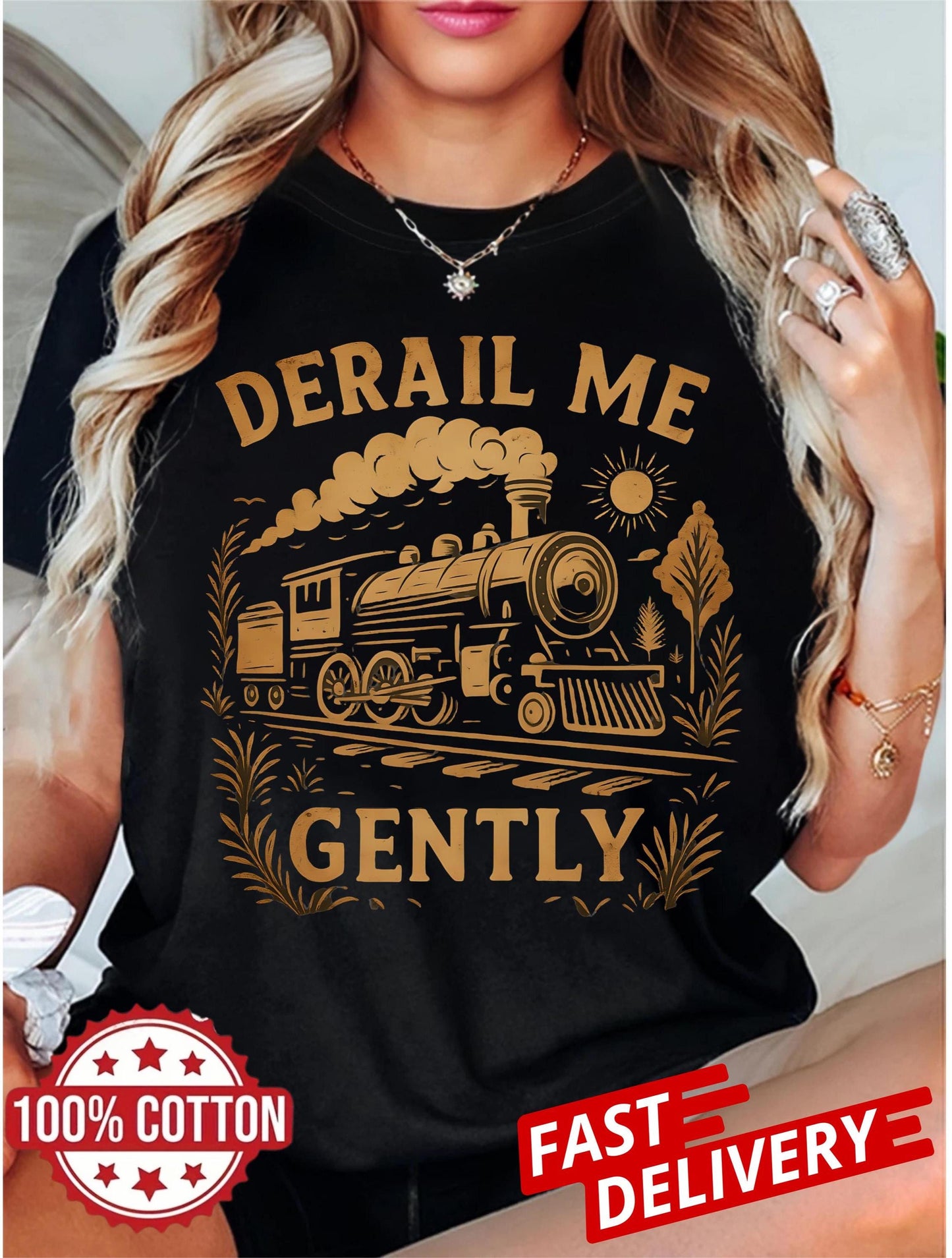 derail me gently locomotive tee with retro train illustration, soft cotton unisex shirt for adults who appreciate sarcastic gifts
