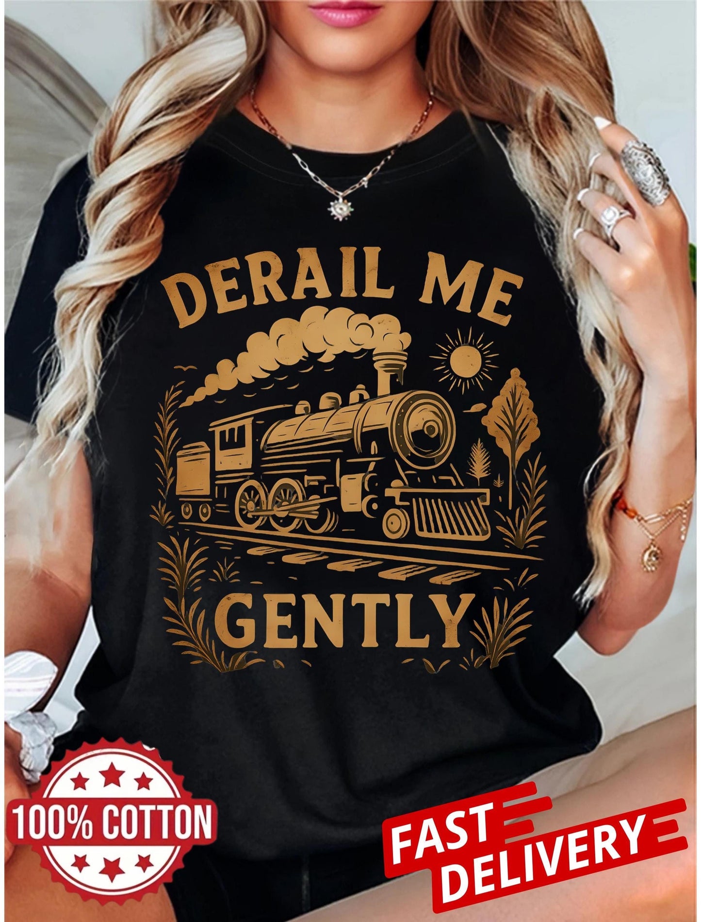 sarcastic gift for adults ,derail me gently t-shirt with locomotive design, vintage train art tee in unisex fit and retro style