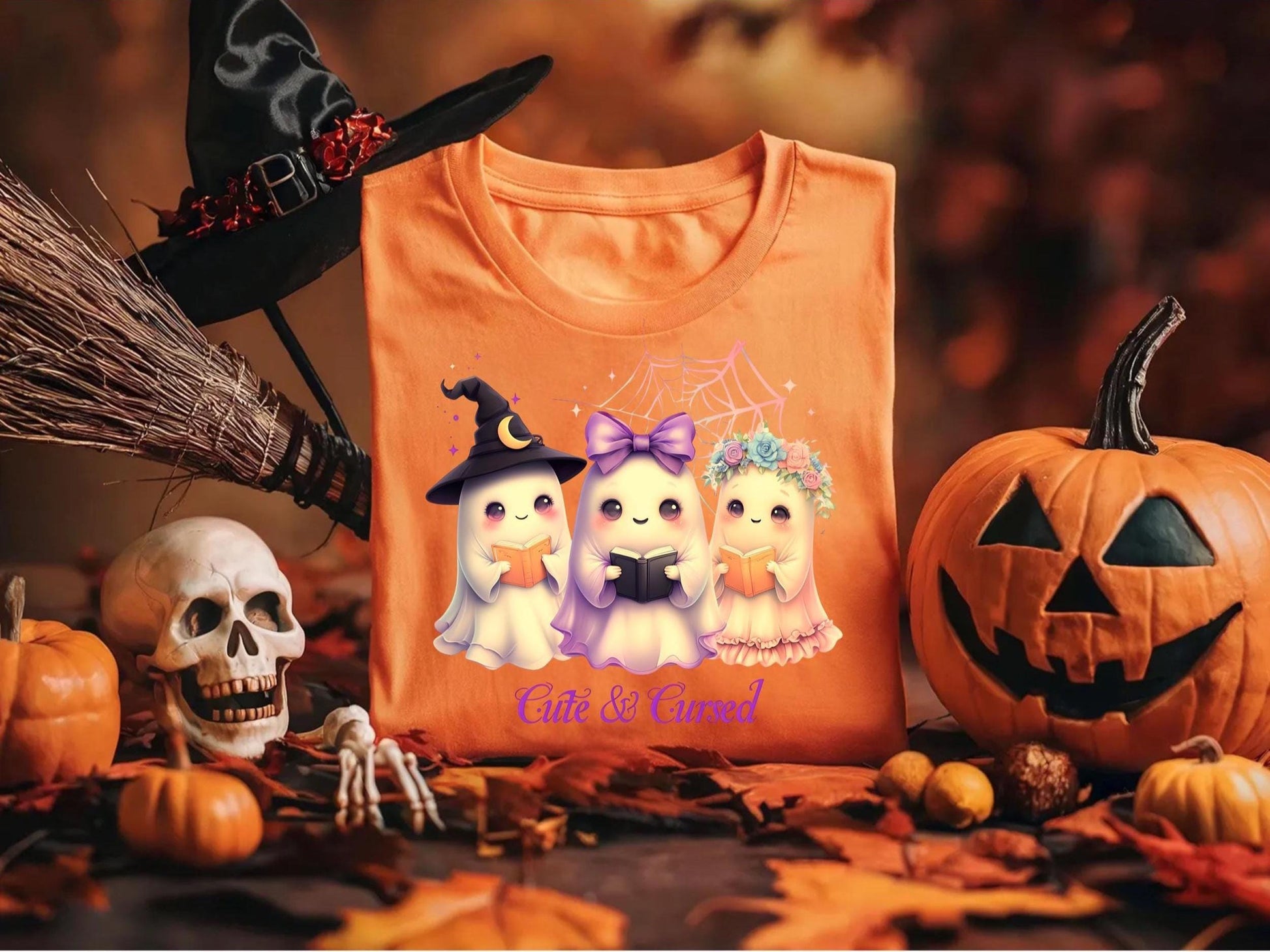 Cute & Cursed Ghost T-shirt - Spooky Cute Halloween Shirt for Magic Lovers - Unisex Kawaii Ghost Tee for Halloween Fun