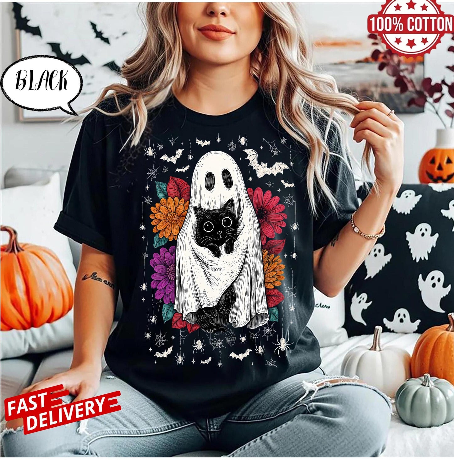 Retro Halloween Ghost And Cat shirt, Spooky Ghost , Preppy Floral Halloween tee, Boo Halloween , Funny Halloween t-shirt, Black Cat png