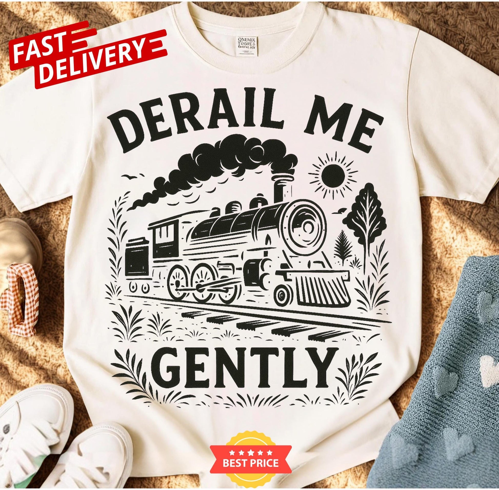 vintage train t-shirt with derail me gently print, retro locomotive graphic tee for adults, sarcastic unisex gift with dark humor