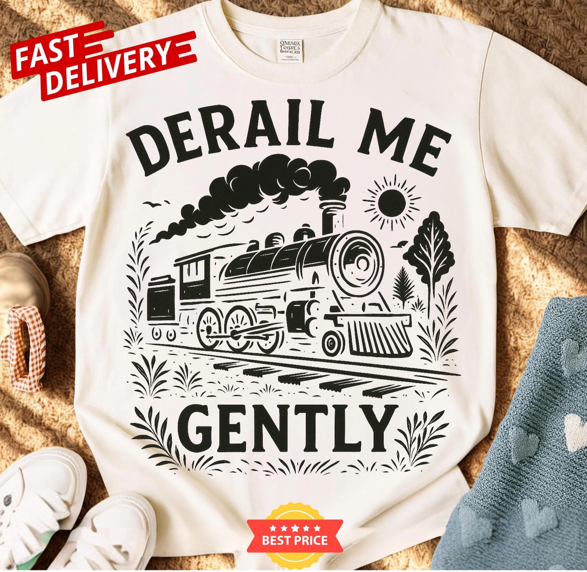 derail me gently locomotive tee with retro train illustration, soft cotton unisex shirt for adults who appreciate sarcastic gifts