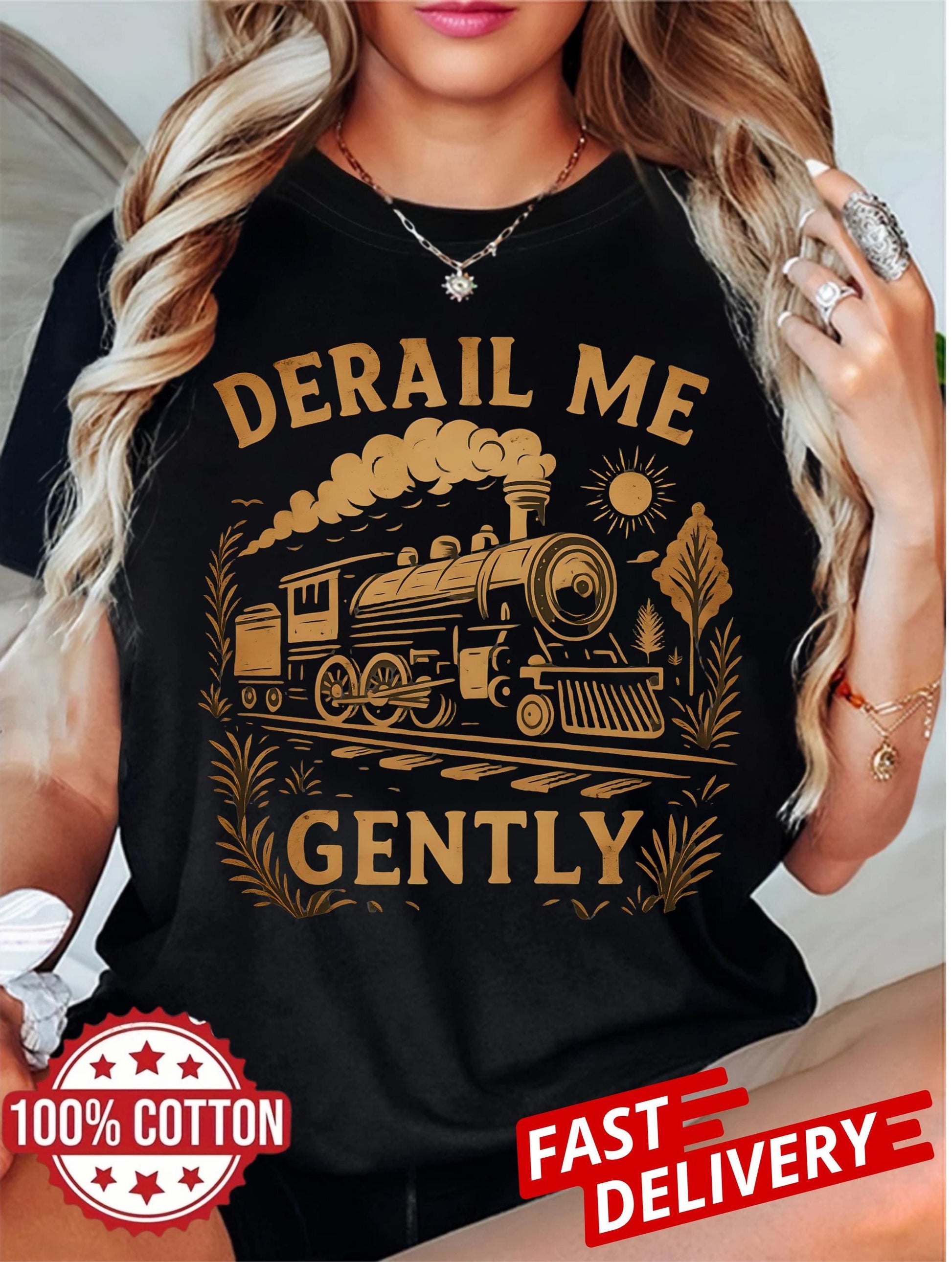 derail me gently unisex t-shirt with vintage train art, sarcastic humor gift, retro locomotive tee for adults who love quirky fashion