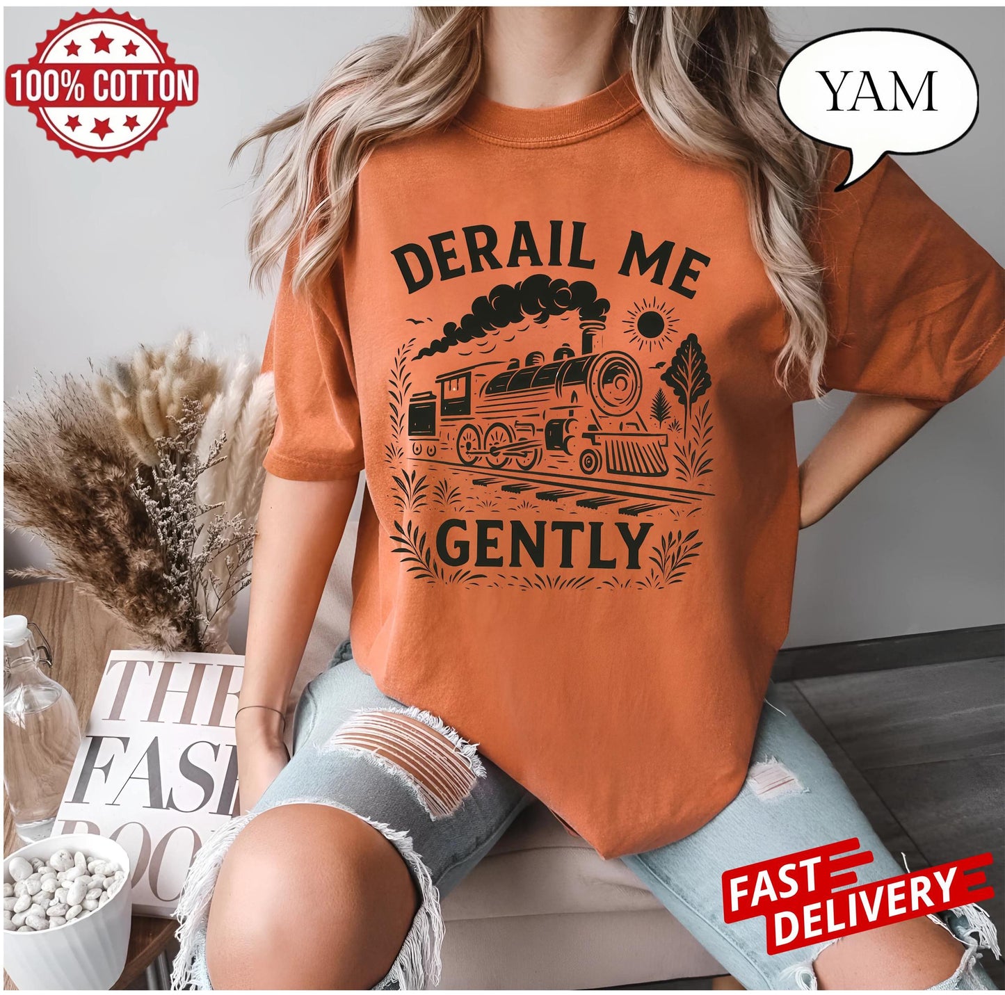 derail me gently unisex t-shirt with vintage train art, sarcastic humor gift, retro locomotive tee for adults who love quirky fashion