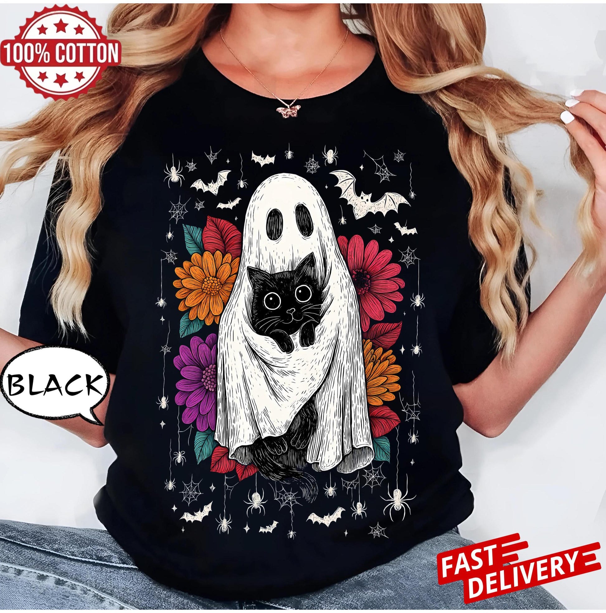 Retro Halloween Ghost And Cat shirt, Spooky Ghost , Preppy Floral Halloween tee, Boo Halloween , Funny Halloween t-shirt, Black Cat png