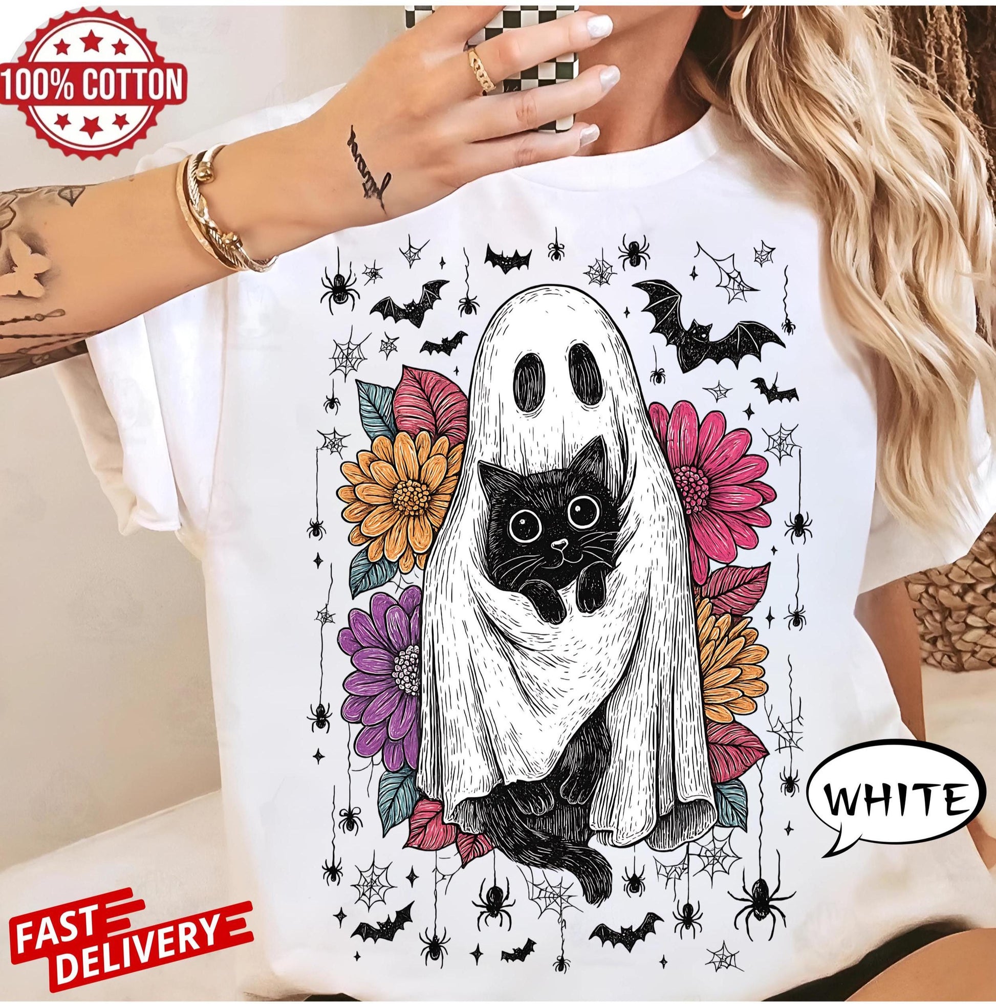 Retro Halloween Ghost And Cat shirt, Spooky Ghost , Preppy Floral Halloween tee, Boo Halloween , Funny Halloween t-shirt, Black Cat png