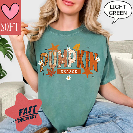 Comfort Colors® Pumpkin Season T-Shirt Vintage Fall Graphic Tee Retro Autumn Leaves Shirt Cozy Thanksgiving Outfit for Women and Men