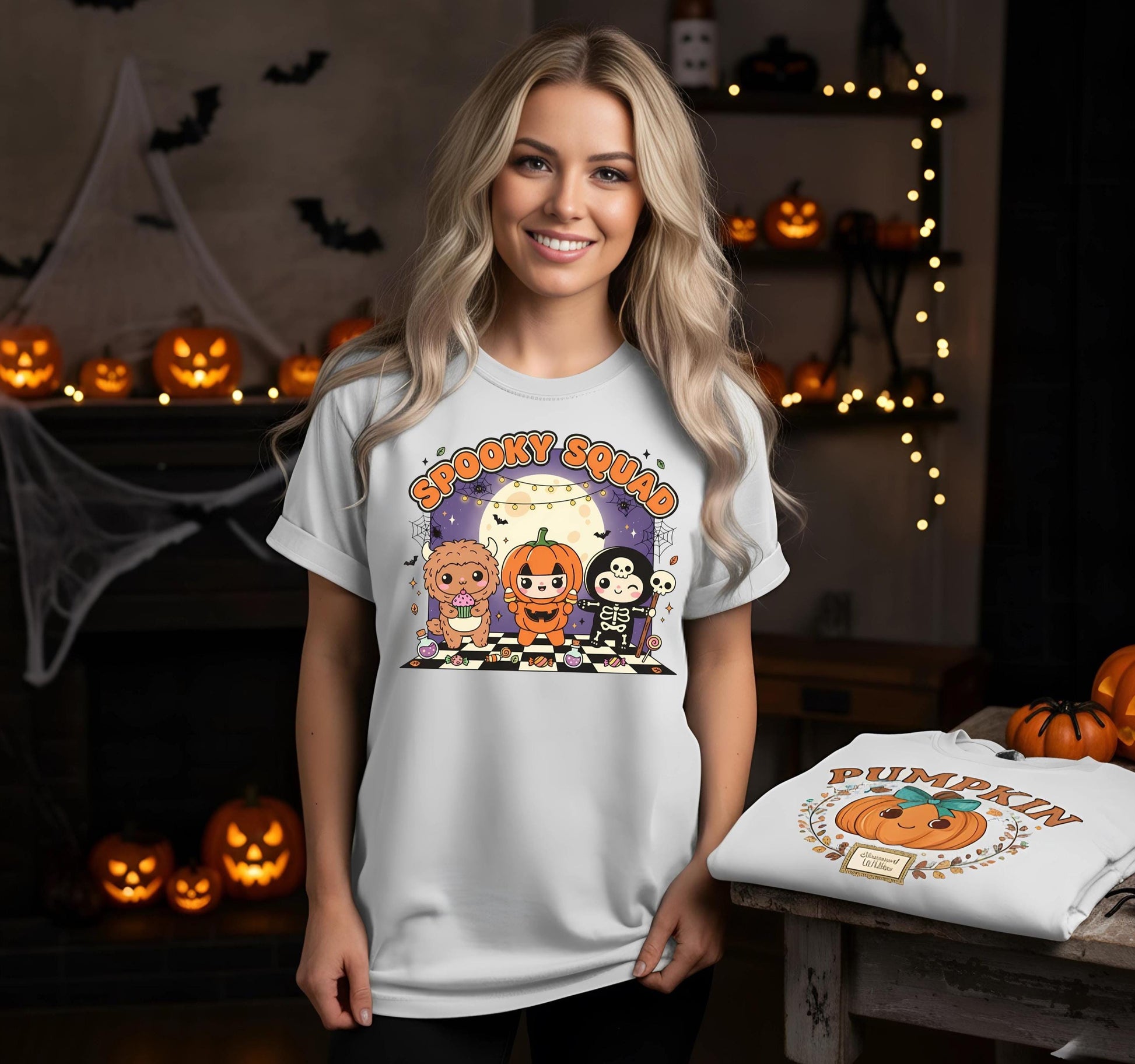 Kawaii Halloween T Shirt Spooky Squad Cute Pumpkin Ghost Skeleton Monster Graphic Tee Unisex Trick Or Treat Labubu Bunny Shirt Funny Gift