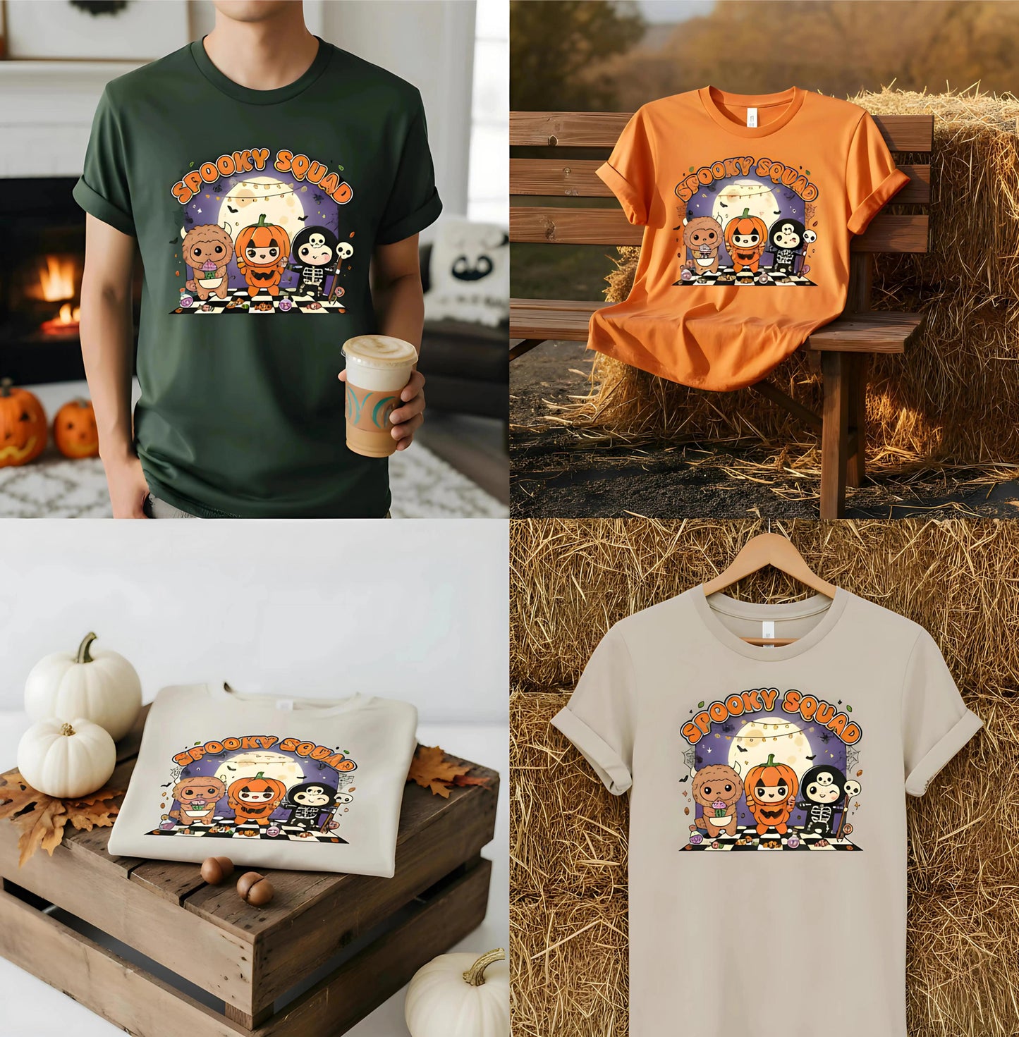 Kawaii Halloween T Shirt Spooky Squad Cute Pumpkin Ghost Skeleton Monster Graphic Tee Unisex Trick Or Treat Labubu Bunny Shirt Funny Gift