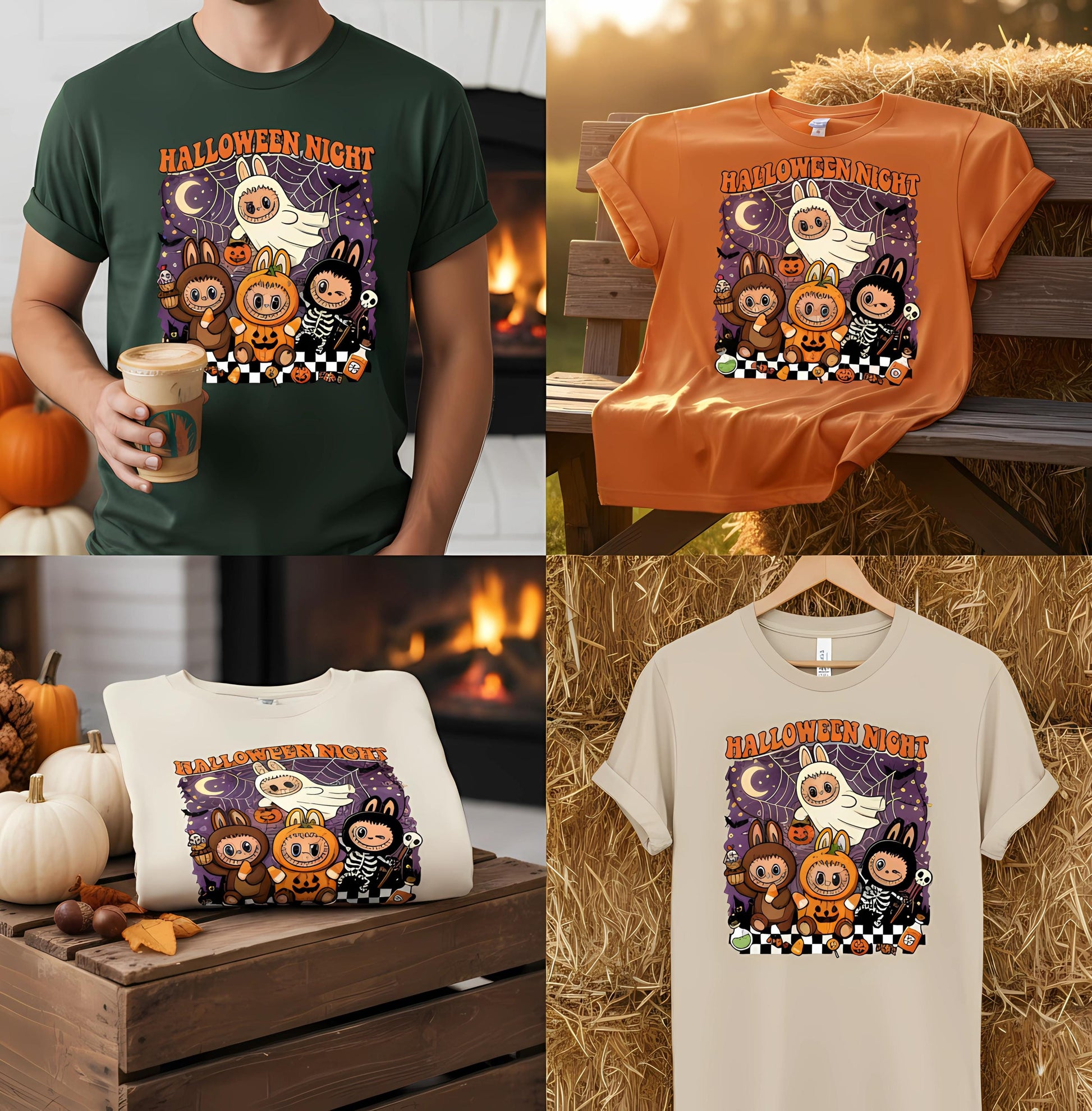 Halloween Night Shirt, Cute Kawaii Pumpkin Ghost Skeleton Monster Graphic Tee, Unisex Funny Spooky Party Gift, Labubu Shirt Halloween,Labubu