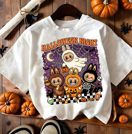 Halloween Night Shirt, Cute Kawaii Pumpkin Ghost Skeleton Monster Graphic Tee, Unisex Funny Spooky Party Gift, Labubu Shirt Halloween,Labubu