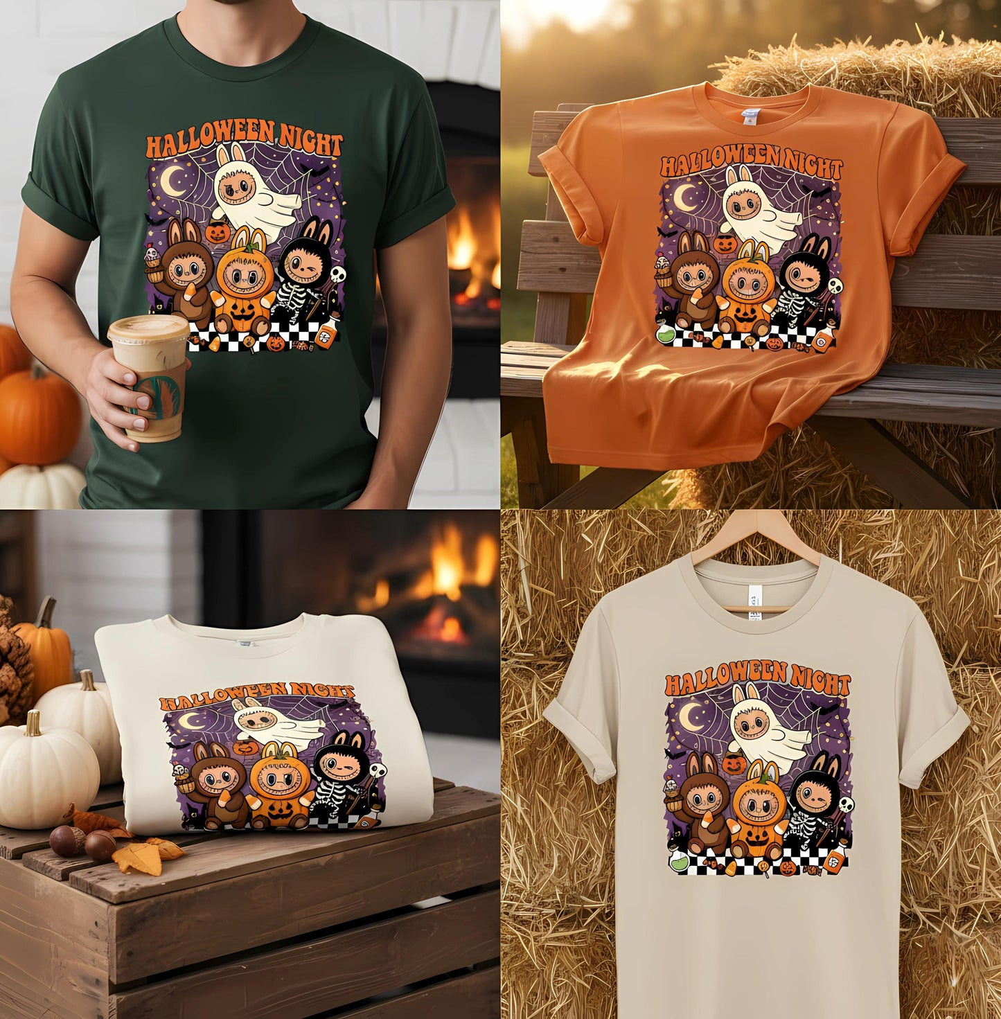 Kawaii Halloween T Shirt Halloween Night Cute Pumpkin Ghost Skeleton Monster Graphic Tee Unisex Spooky Labubu Bunny Shirt Funny Gift