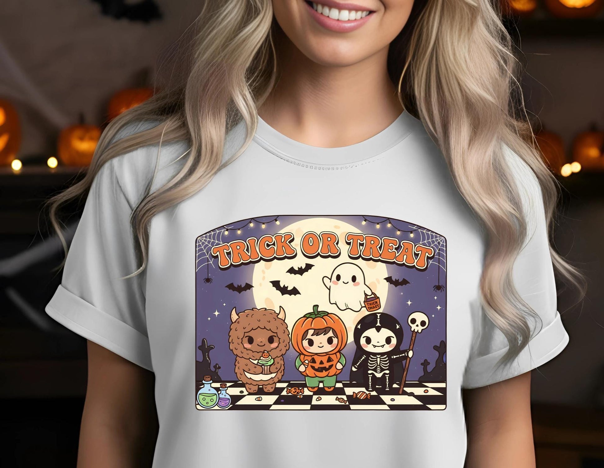 Kawaii Trick Or Treat T Shirt Cute Halloween Pumpkin Ghost Skeleton Monster Graphic Tee Unisex Spooky Labubu Shirt, Halloween,LaBubu Bunny