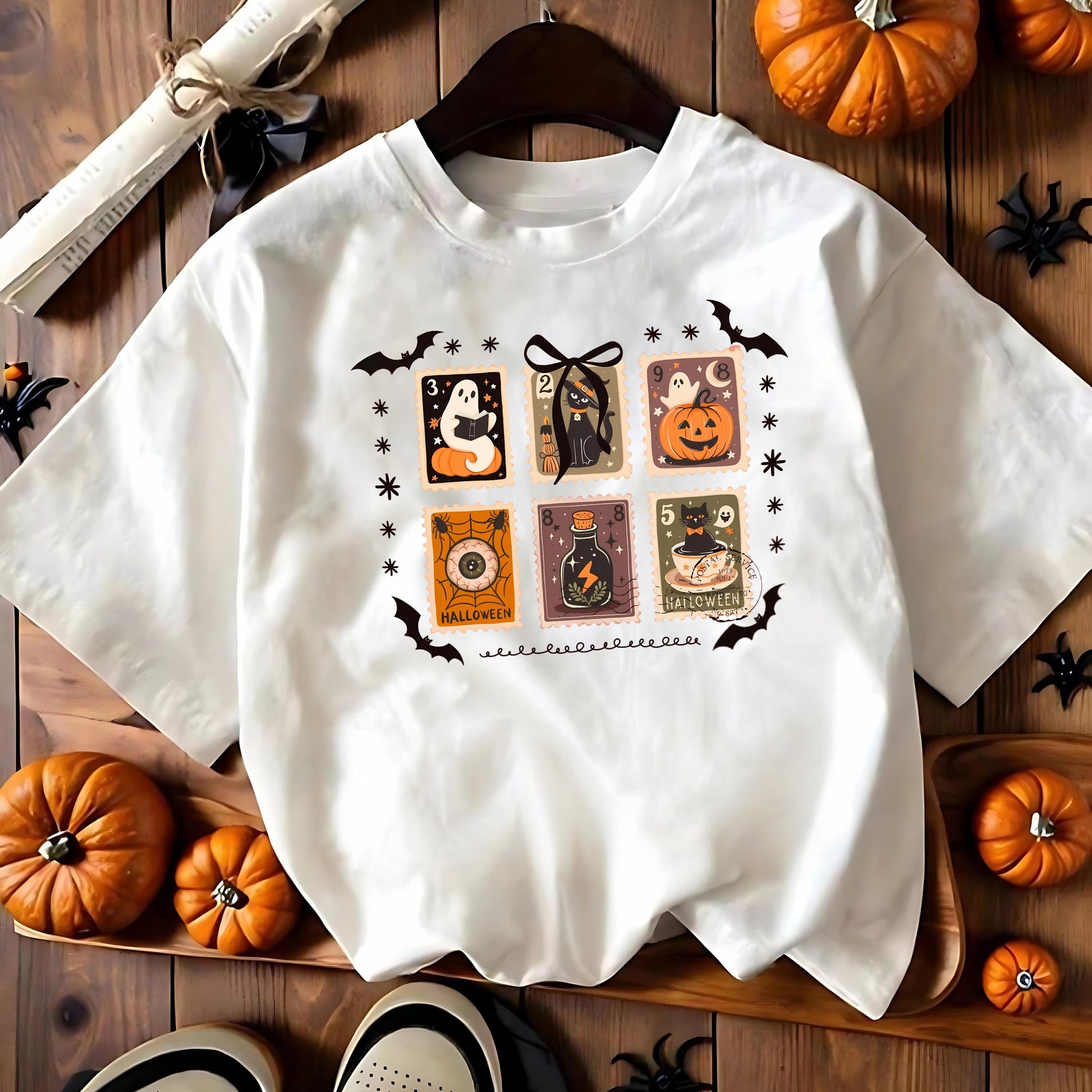 Halloween Stamps T Shirt Comfort Colors Espresso Super Soft Tee Ghost Pumpkin Witch Cat Potion Eye Graphic Unisex Spooky Season Gift