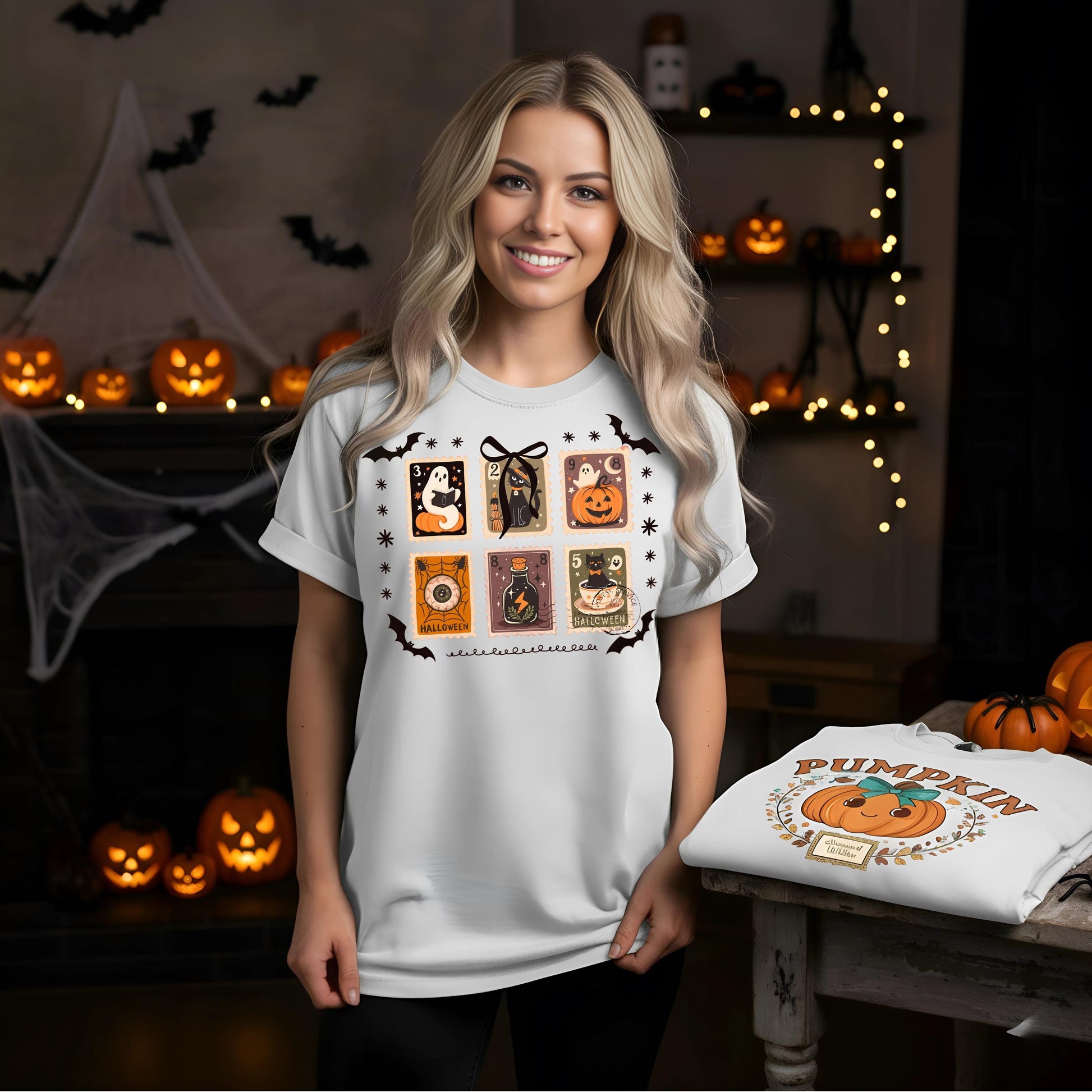 Comfort Colors Halloween T Shirt Espresso Brown Garment Dyed Graphic Tee Ghost Pumpkin Witch Cat Stamps Skeleton Haunted House Unisex Gift