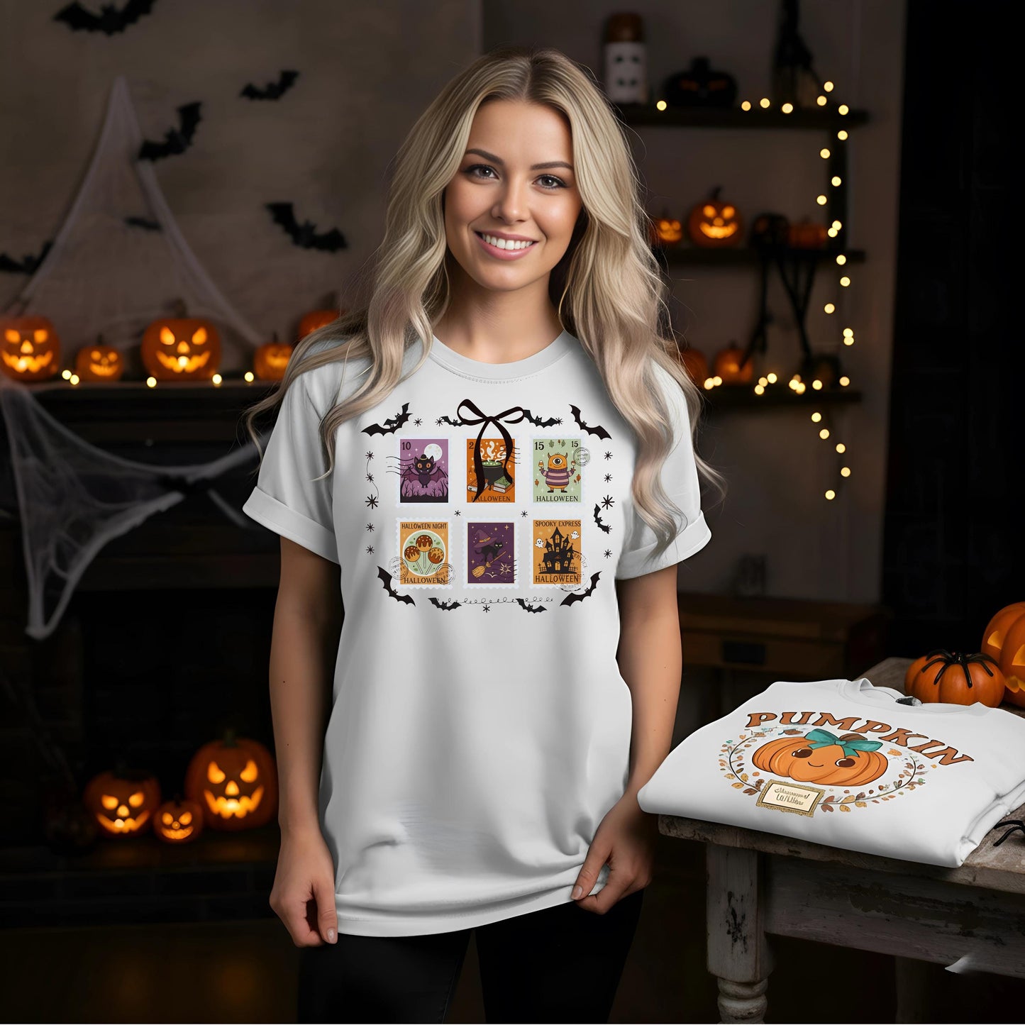 Comfort Colors Halloween T Shirt Pumpkin Orange Graphic Tee Spooky Stamps Bat Zombie Witch Haunted House Ghost Cat Potion Skeleton Gift