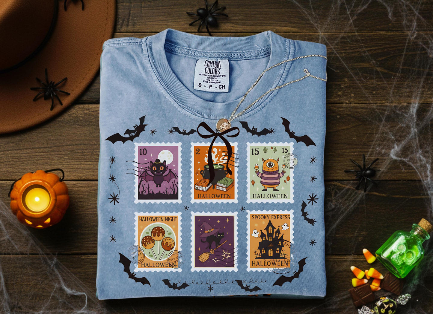 Halloween Stamps T Shirt Comfort Colors Pumpkin Orange Graphic Tee Bat Zombie Witch Haunted House Ghost Cat Potion Skeleton Unisex Gift