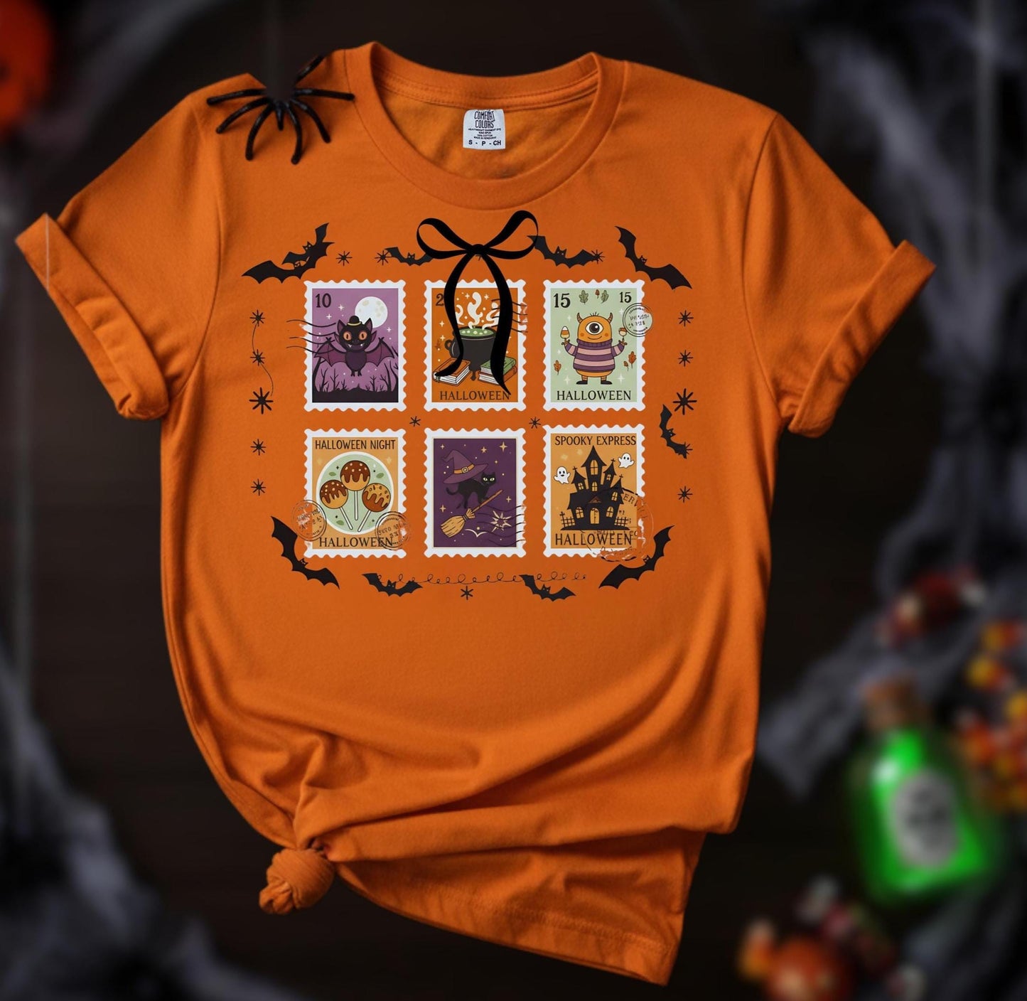 Comfort Colors Halloween TShirt Pumpkin Orange Graphic Tee Spooky Stamps Bat Zombie Witch Haunted House Ghost Cat Potion Skeleton Gift Shirt