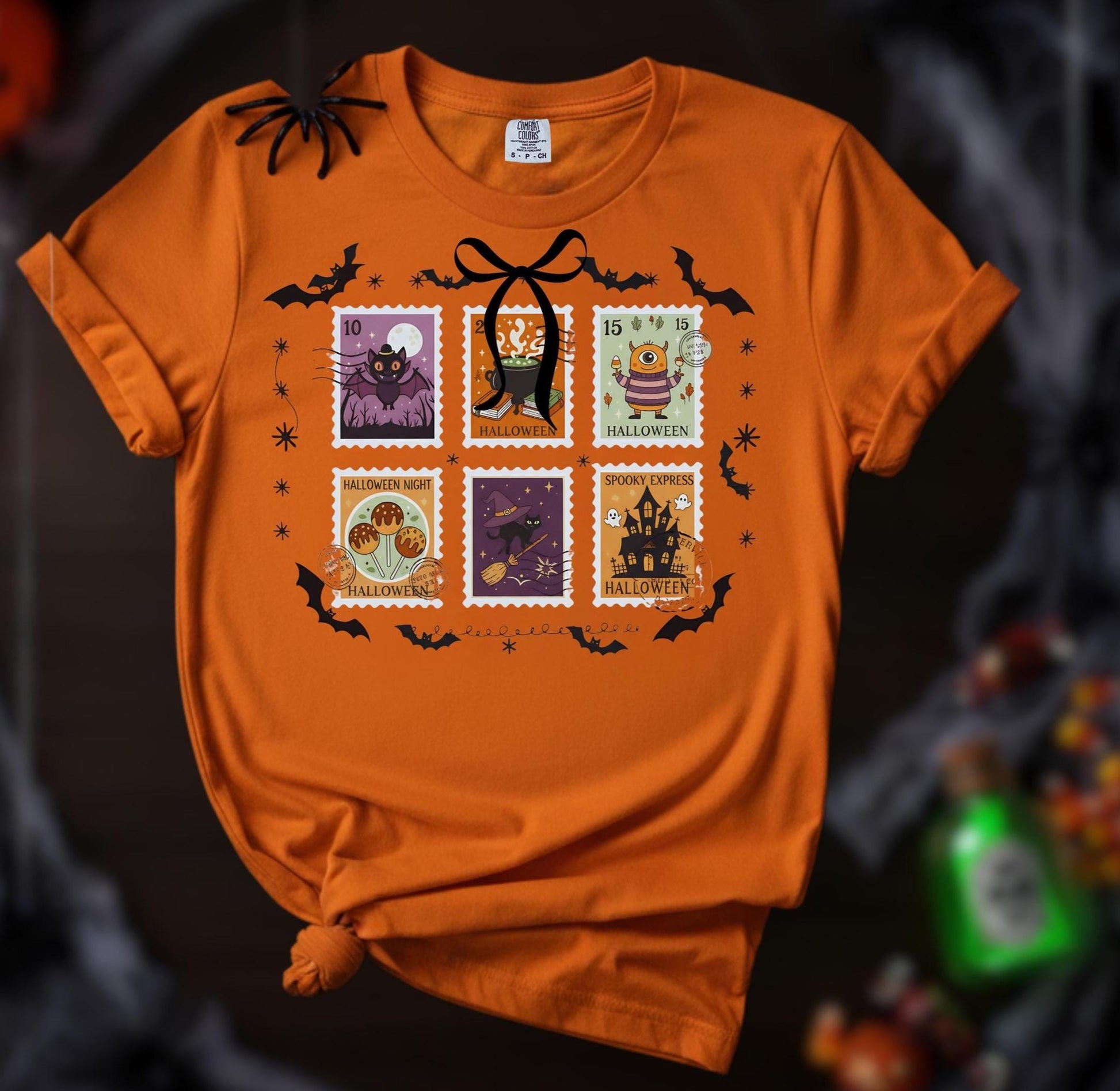 Comfort Colors Halloween TShirt Pumpkin Orange Graphic Tee Spooky Stamps Bat Zombie Witch Haunted House Ghost Cat Potion Skeleton Gift Shirt