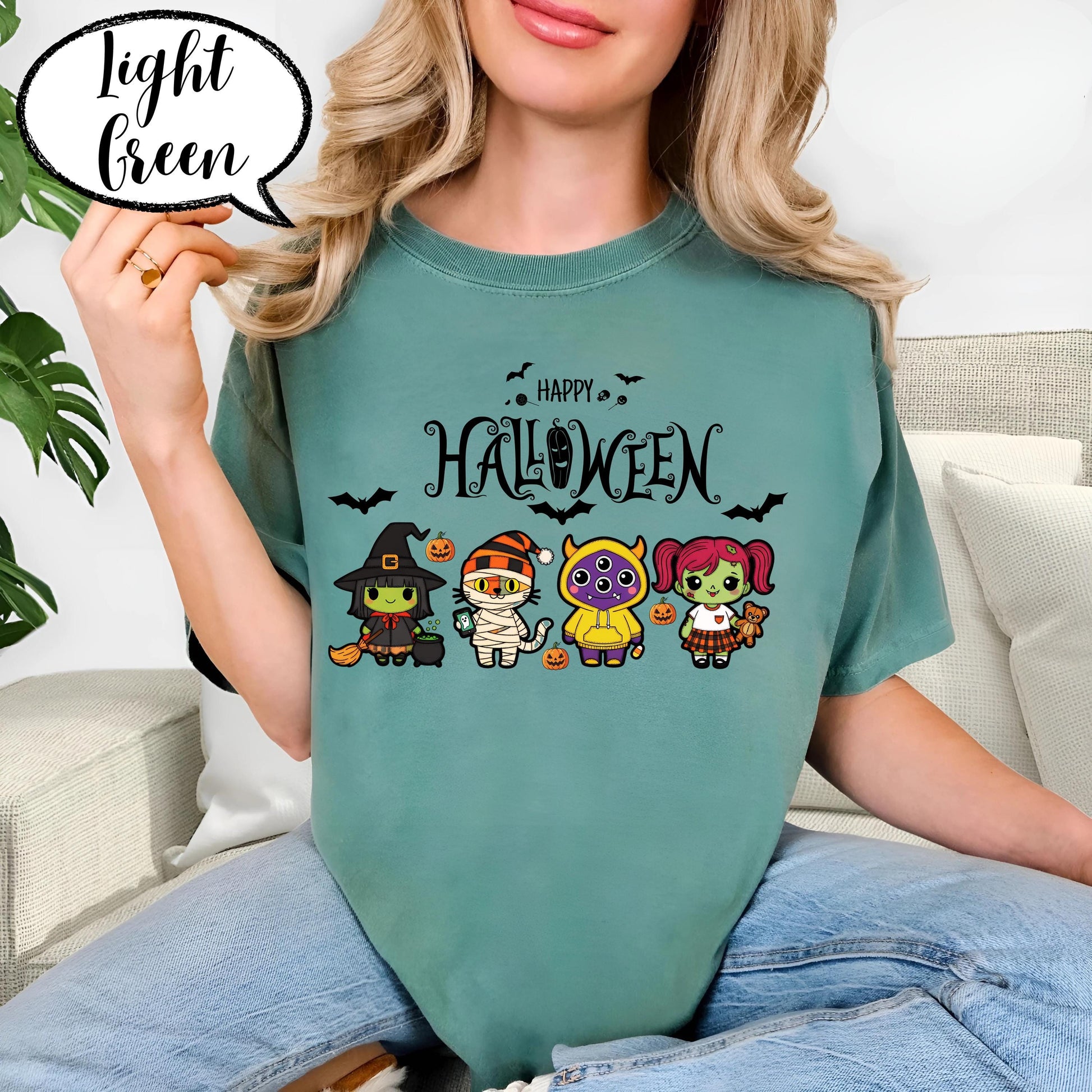 Comfort Colors® Happy Halloween Shirt, Spooky Season Tee, Cute Cartoon Witch and Mummy Top, Pumpkin Trick or Treat Graphic Shirt Unisex