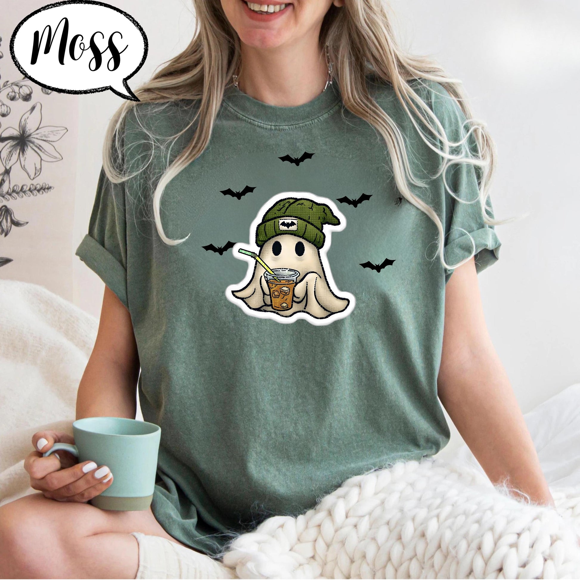 Comfort Colors® Halloween Ghost Shirt, Spooky Season Tee, Cute Ghost with Coffee Top, Cozy Fall Outfit, Retro Aesthetic Graphic Tee