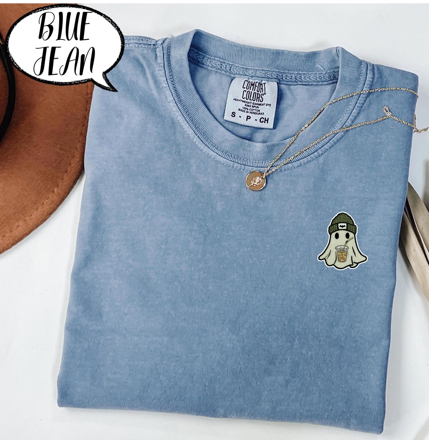 Comfort Colors® Embroidered Halloween Ghost Shirt, Spooky Season Tee, Minimal Pocket Ghost Top, Coffee Lover T Shirt, Cozy Fall Outfit